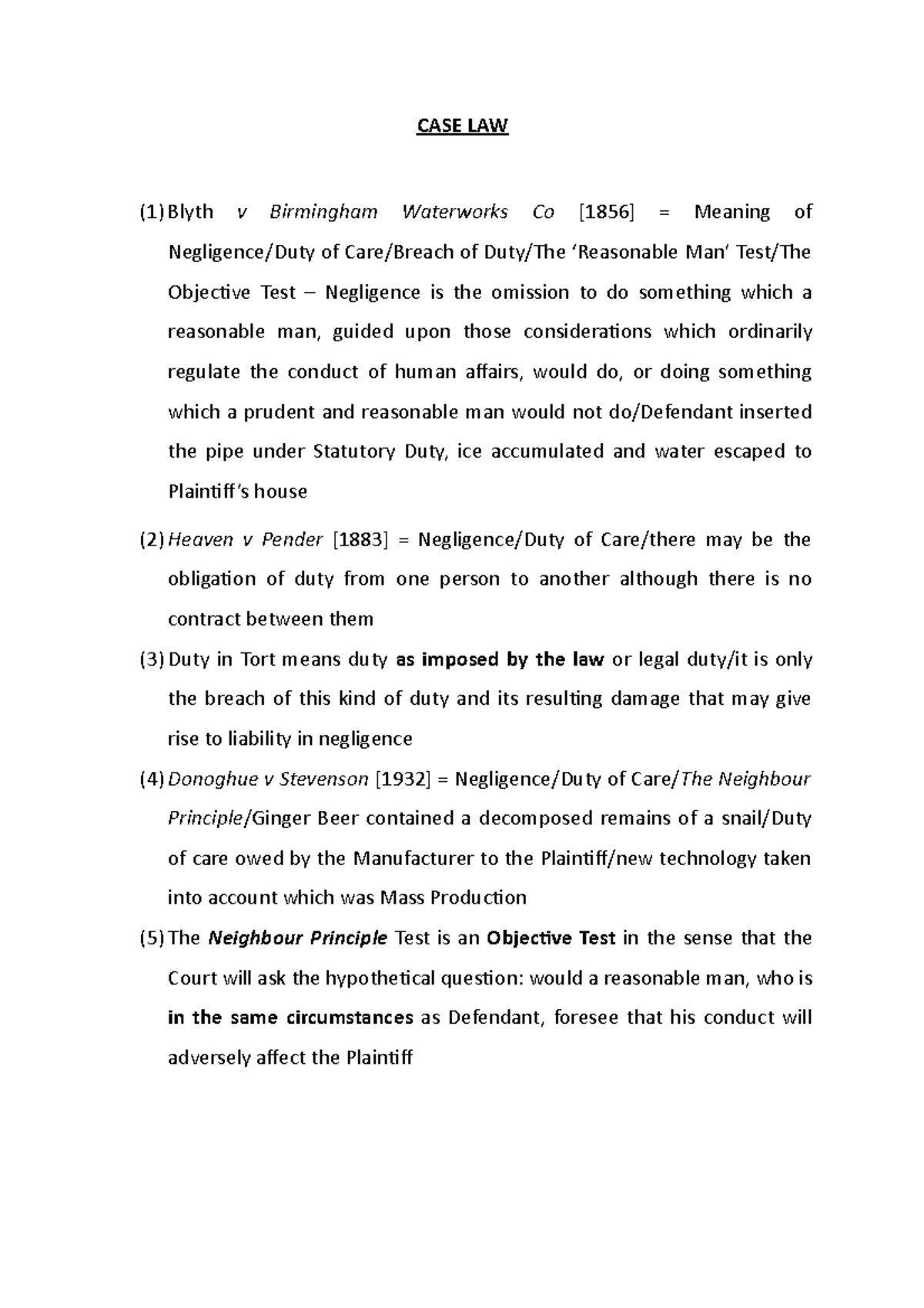 CASE LAW TORT List of cases in Tort 1 CASE LAW (1) Blyth v