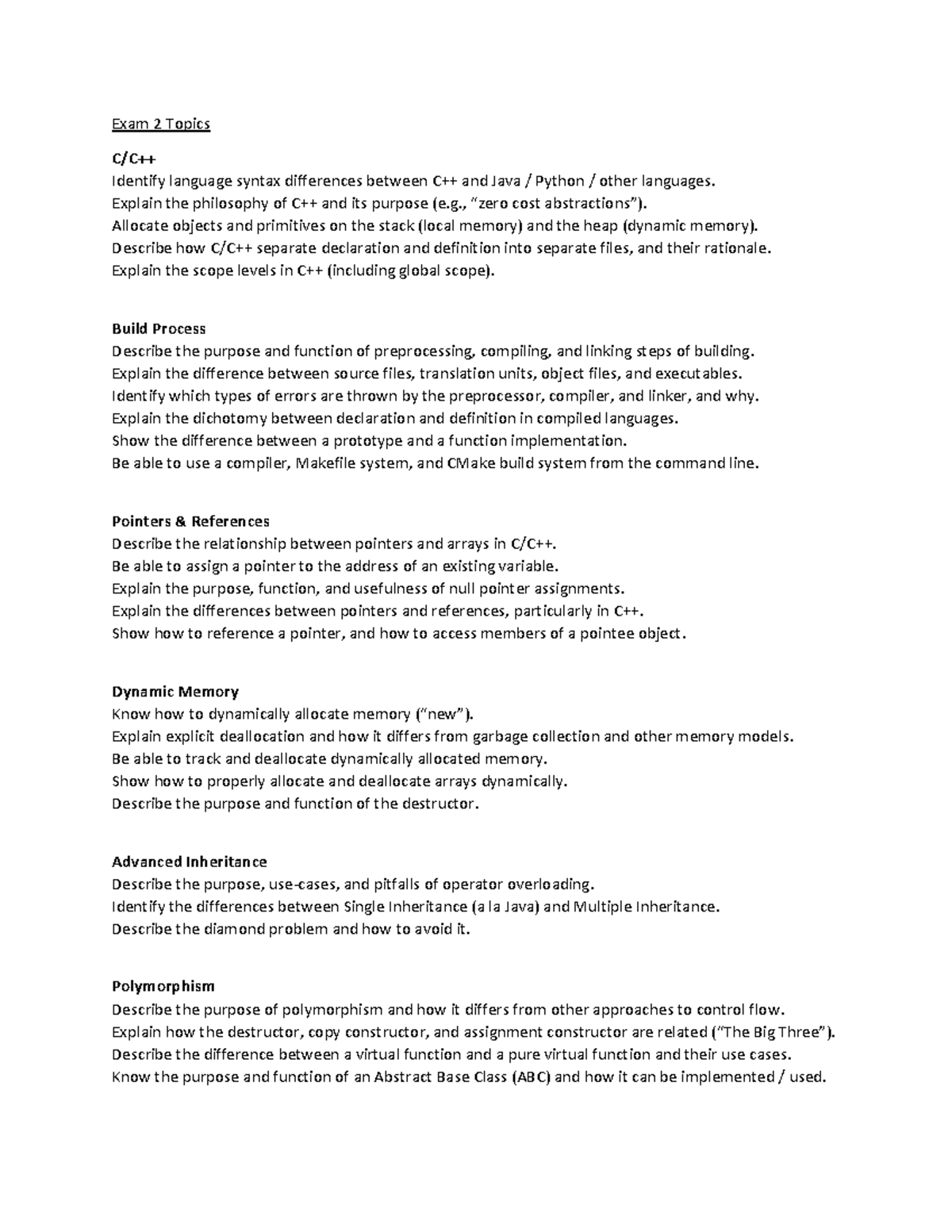 Exam 2 - Review Topics - Exam 2 Topics C/C++ Identify language syntax ...