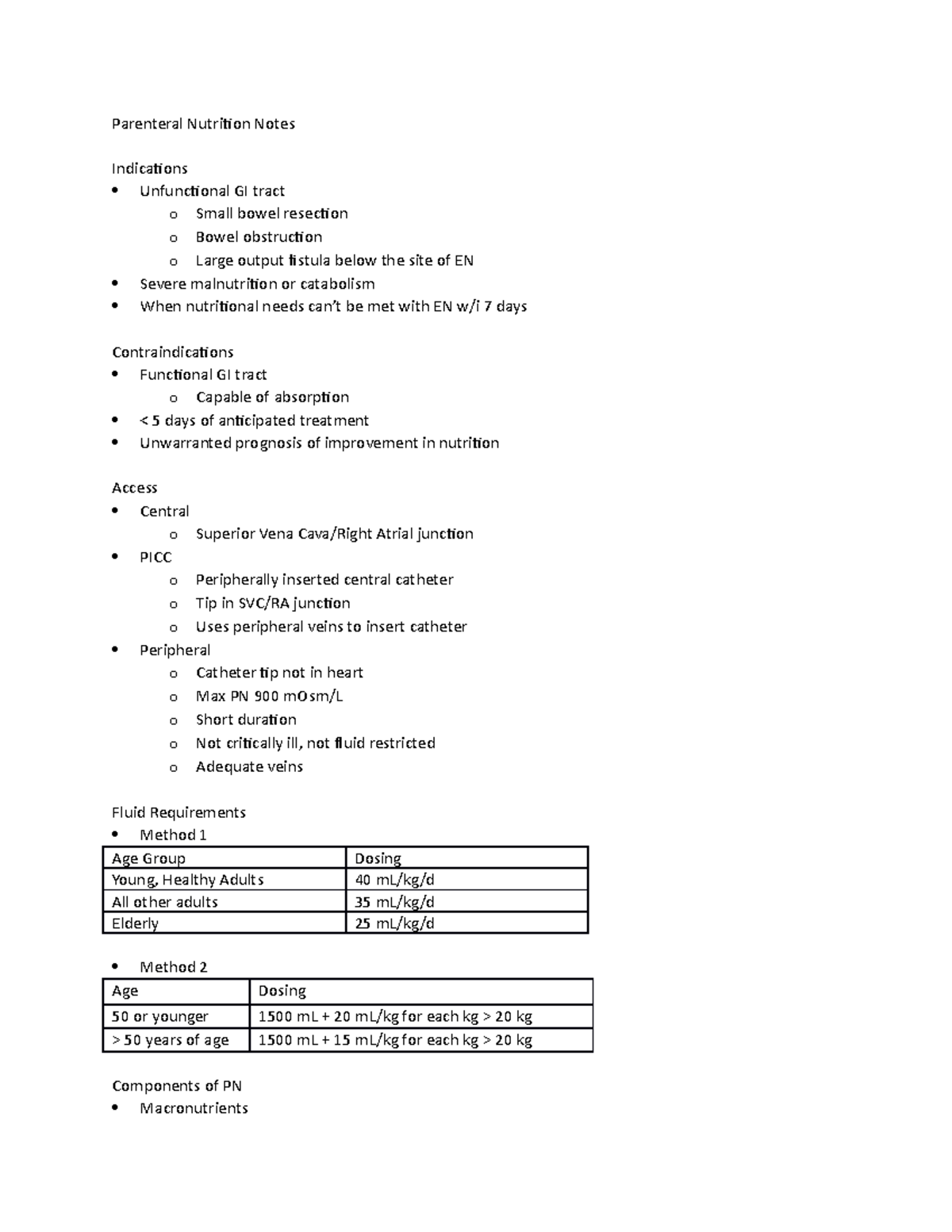 Parenteral Nutrition Notes - Parenteral Nutrition Notes Indications ...