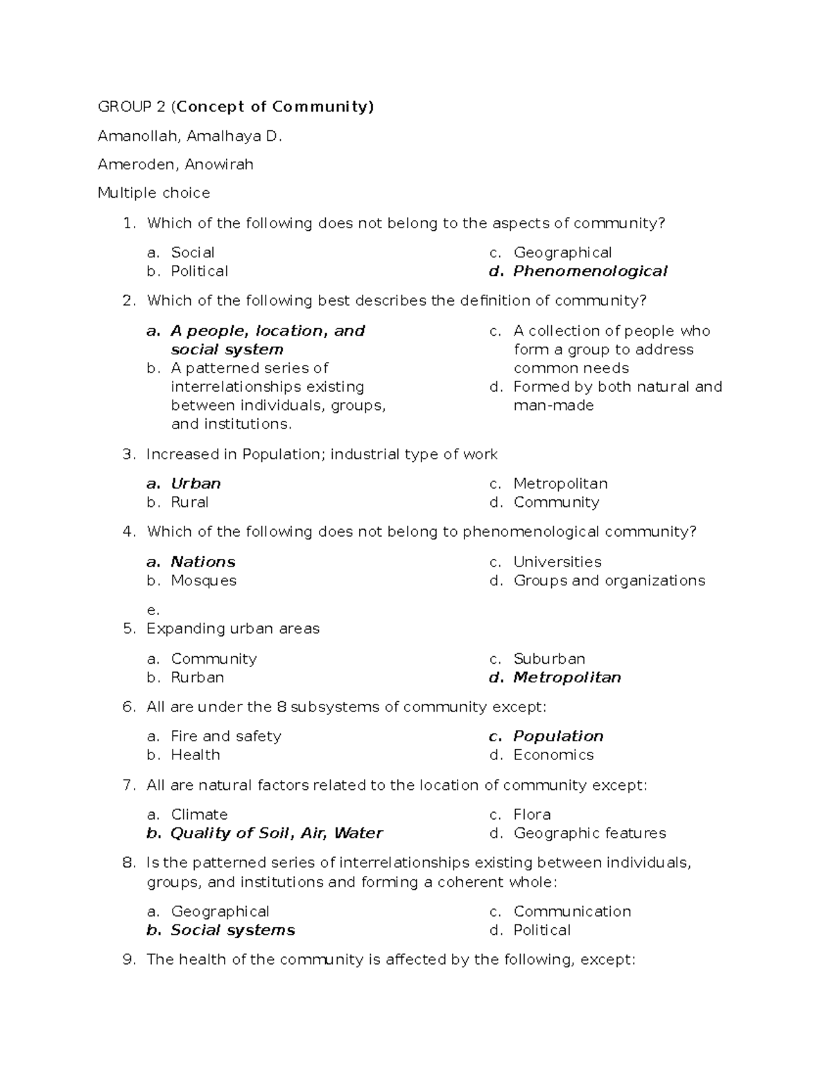 Group 2 Exam Concept of Community - GROUP 2 (Concept of Community 