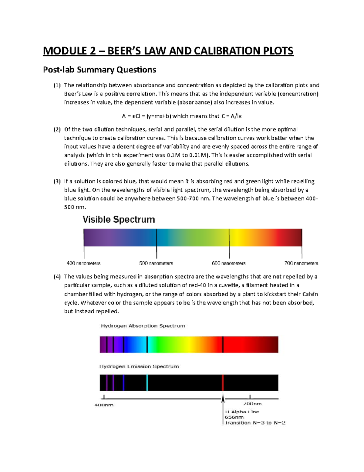 CHM2045L Module #2 Beers Law And Calibration Plots - MODULE 2 – BEER’S ...