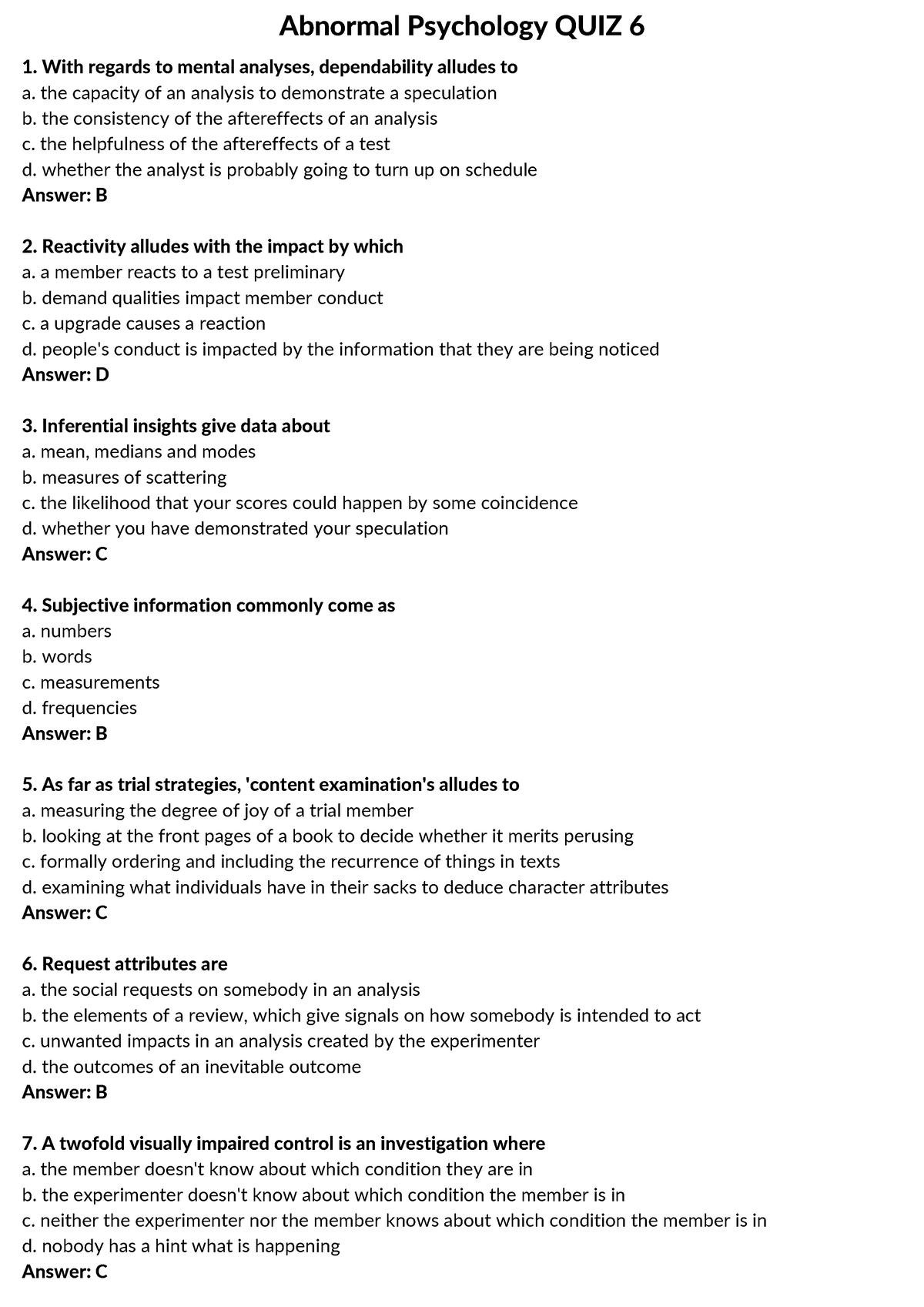 Abnormal Psychology QUIZ 6 - The Capacity Of An Analysis To Demonstrate ...