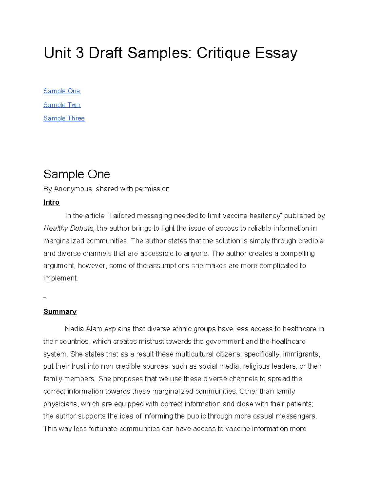 Sample Critique Essay Drafts (2021) - Unit 3 Draft Samples: Critique ...