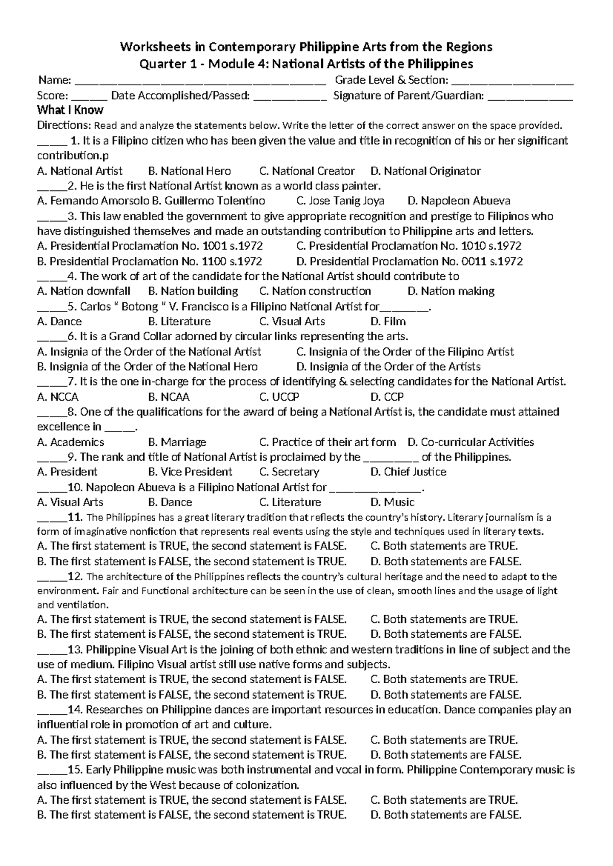 Worksheets in Contemporary Philippine Arts from the Regions Quarter 1