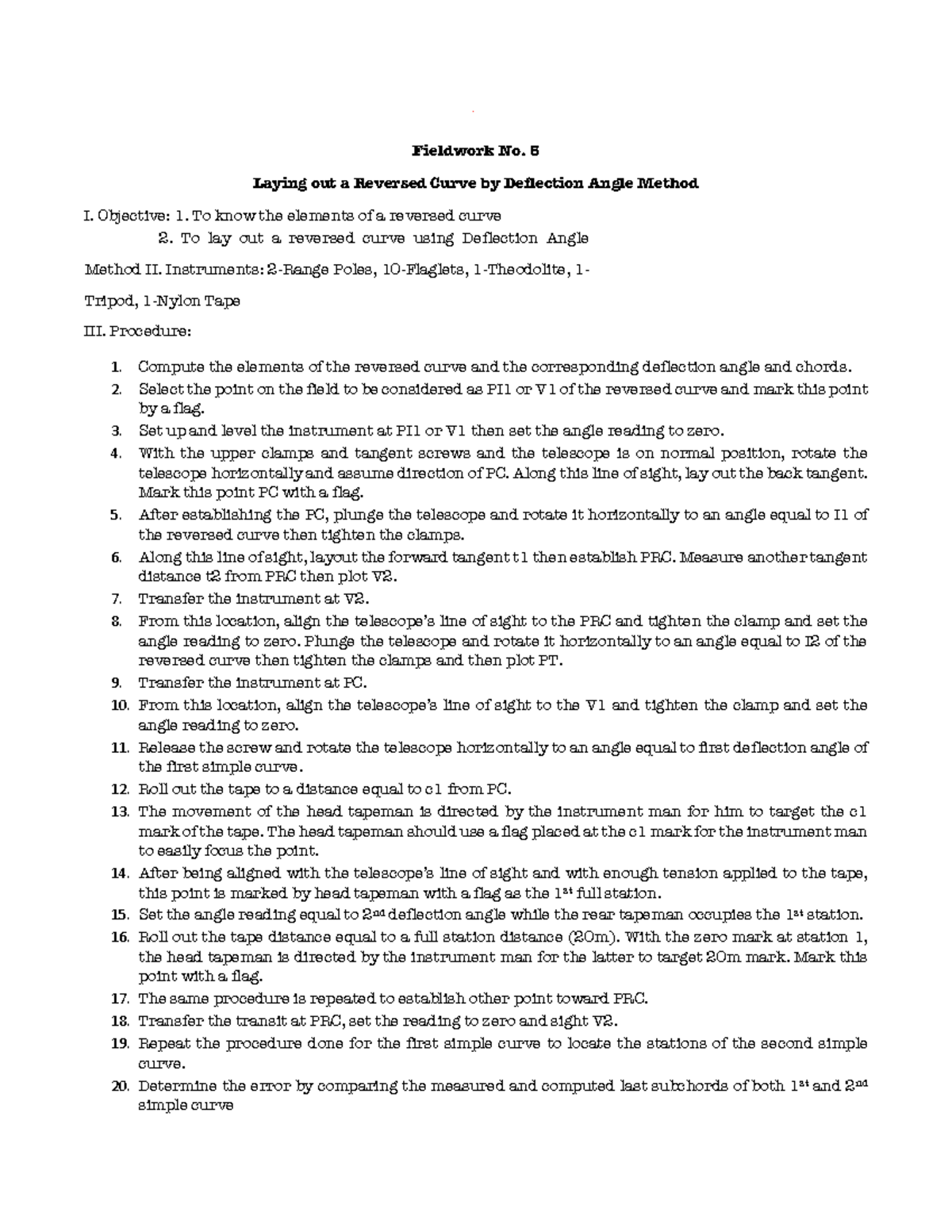 Fieldwork NO. 5 - Laying out a Reversed Curve by Deflection Angle ...