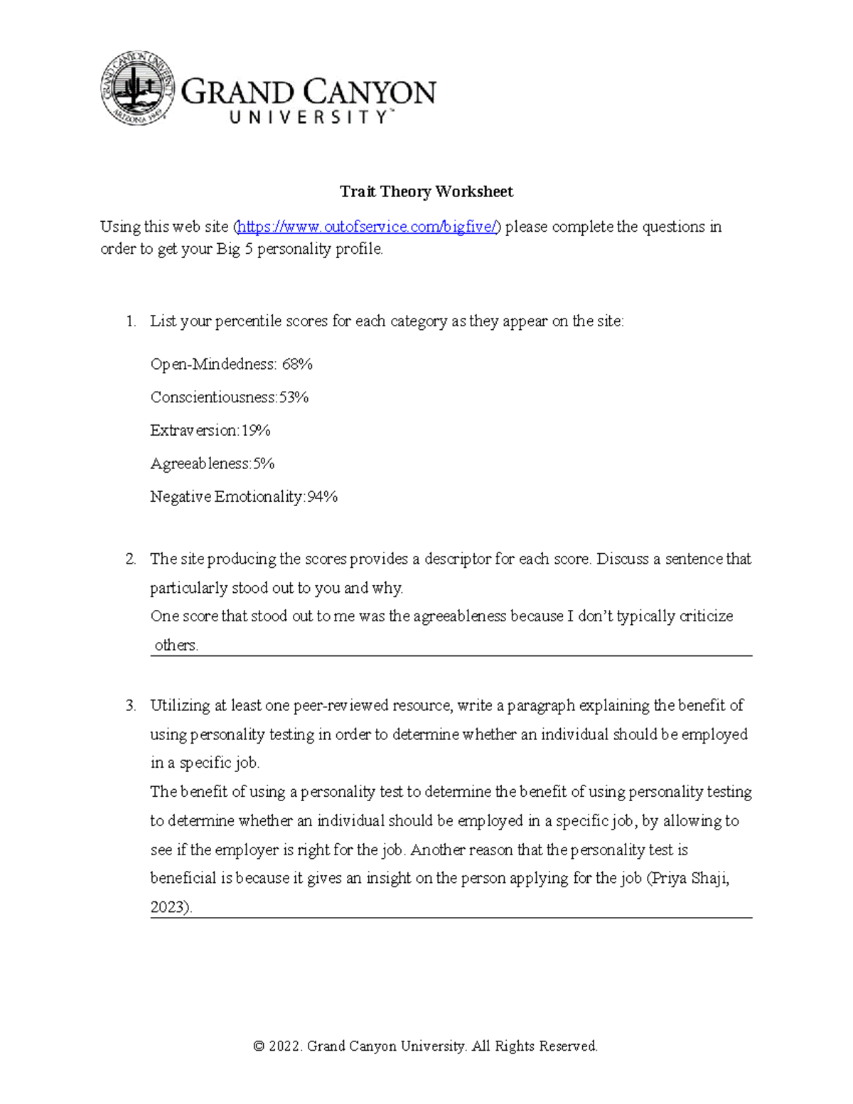 PSY 255 RS T3 Trait Theory Worksheet Onlacc 2 - Trait Theory Worksheet ...