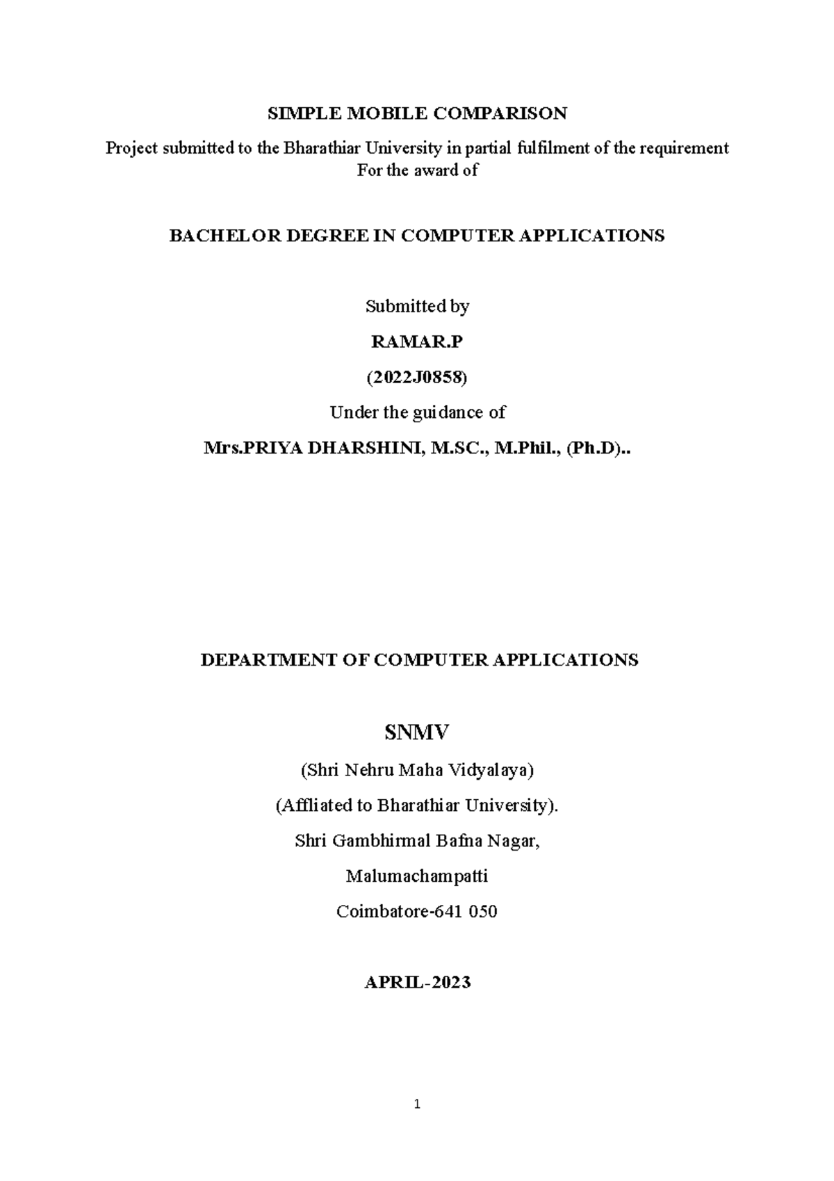 Pandi project - SIMPLE MOBILE COMPARISON Project submitted to the ...