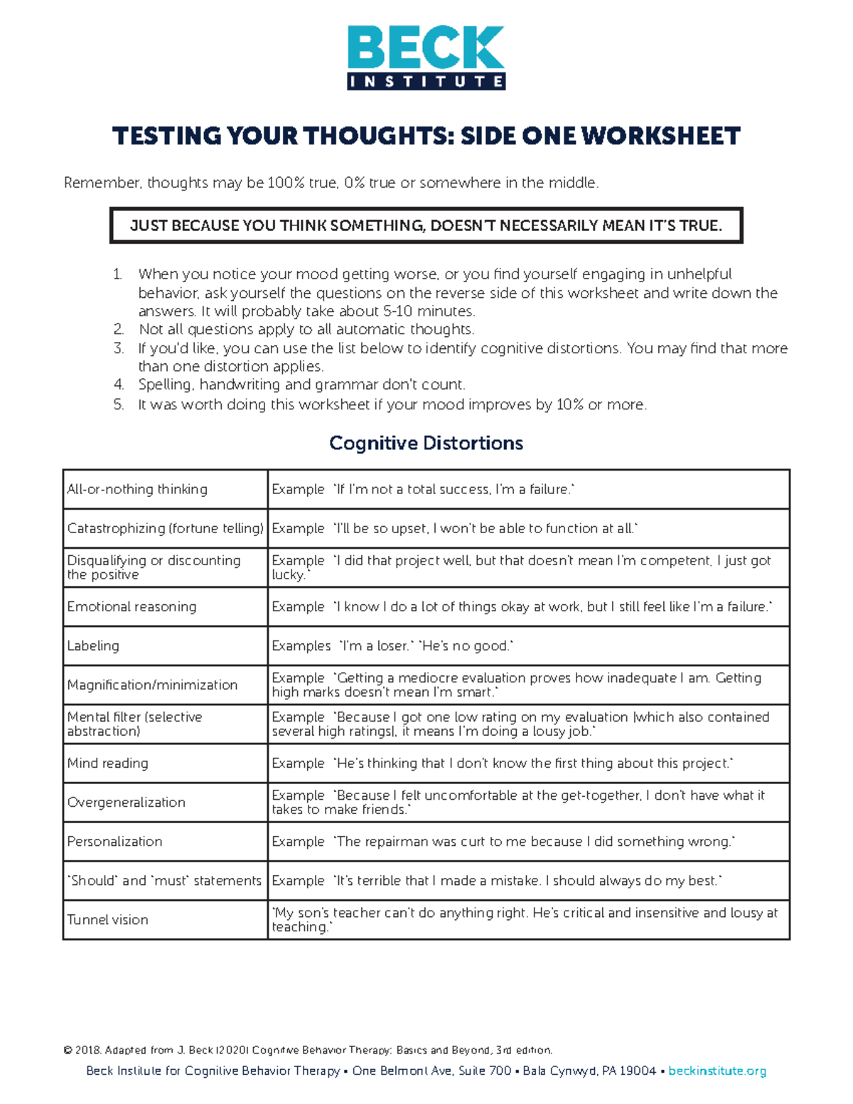 Testing Your Thoughts Worksheet - Remember, thoughts may be 100% true, 0%  true or somewhere in the - Studocu