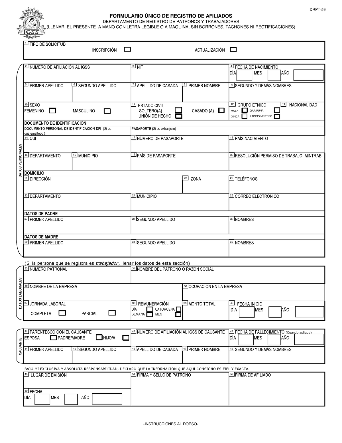formulario drpt 59 igss formulario Único de registro de afiliados