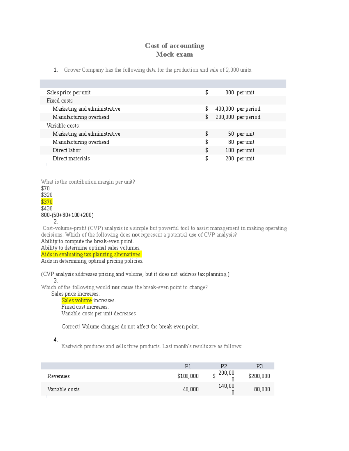 Docx(more) practice Cost of accounting Mock exam Grover Company has