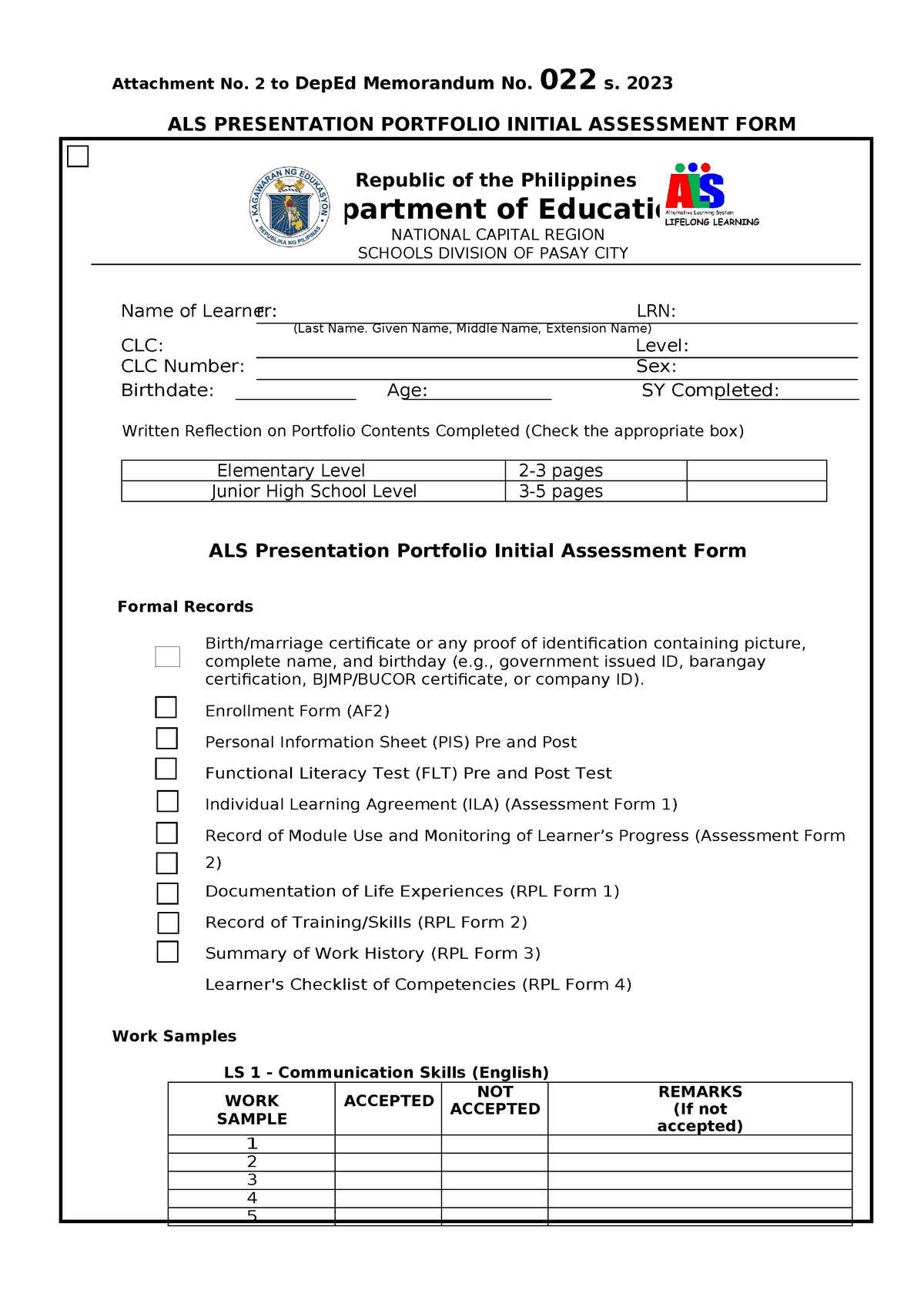 Enclosure 2 - Attachment No. 2 to DepEd Memorandum No. 022 s. 2023 ALS ...