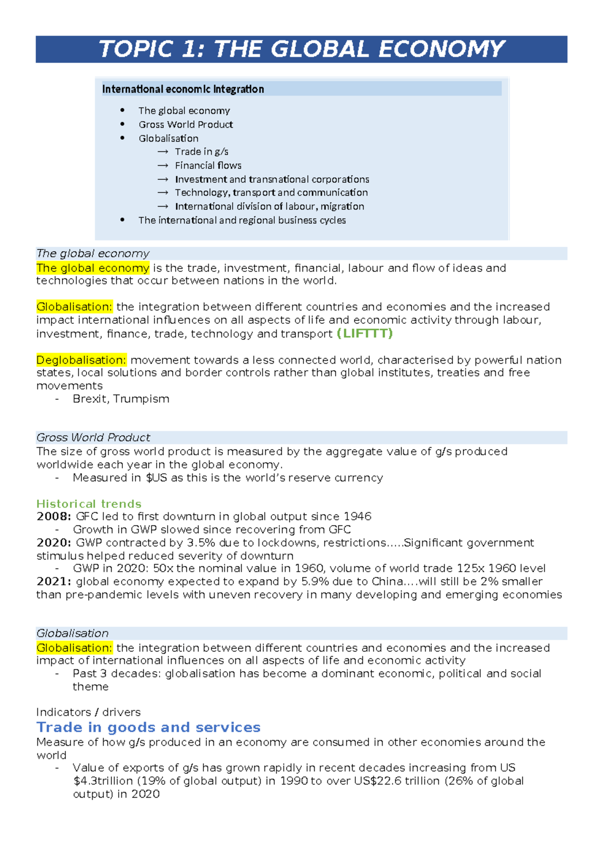 Economics HSC notes - Topic 1 - TOPIC 1: THE GLOBAL ECONOMY The global ...