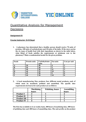 quantitative analysis for management decision assignment