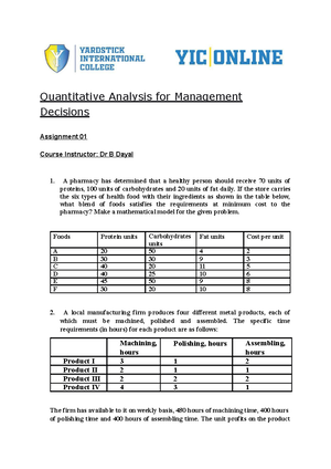 quantitative analysis for management decisions assignment 02