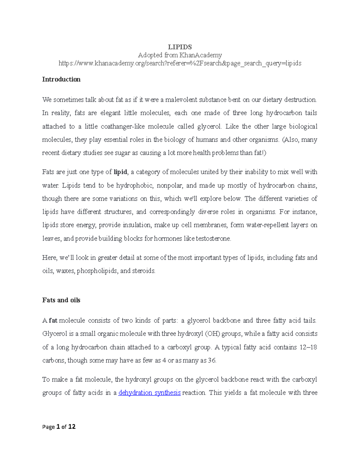 Lipids Khan Academy msdc LIPIDS Adopted from KhanAcademy Studocu