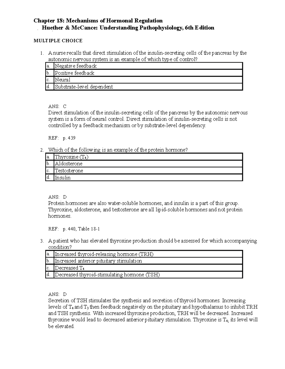 C18 - Practice Questions For Chapter 18 Mechanisms Of Hormonal ...