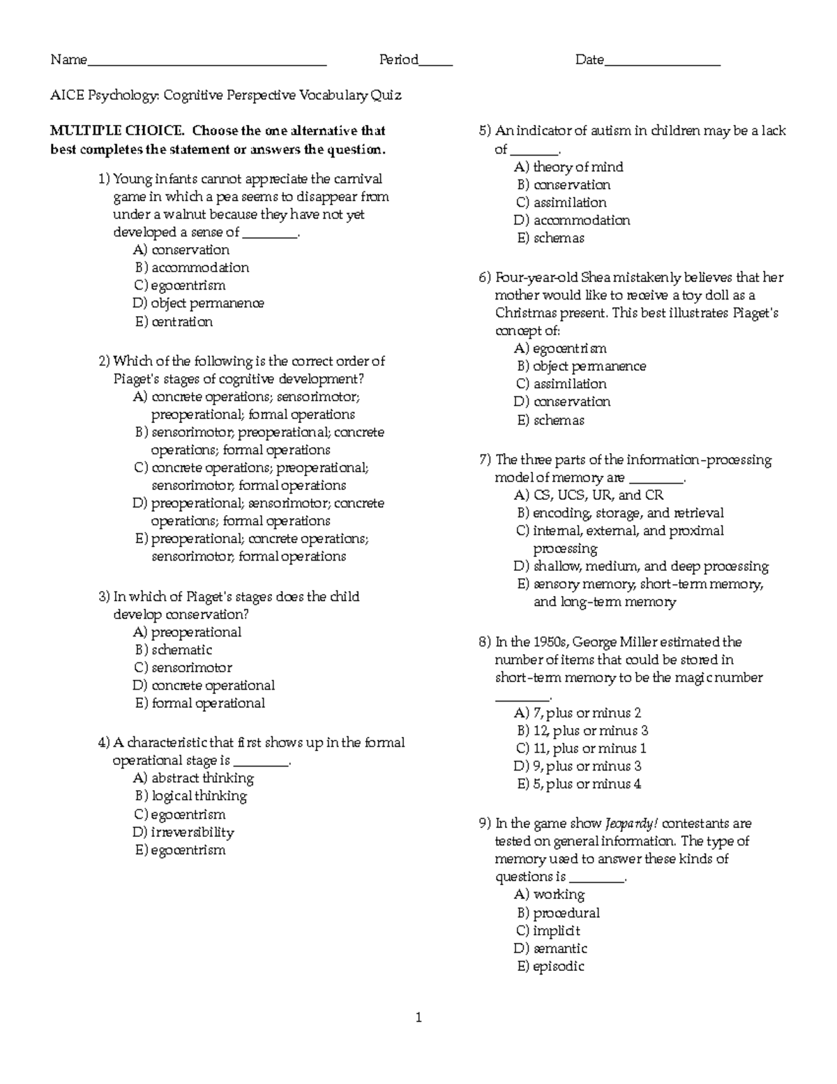 AICE Cognitive Perspective Vocab Quiz