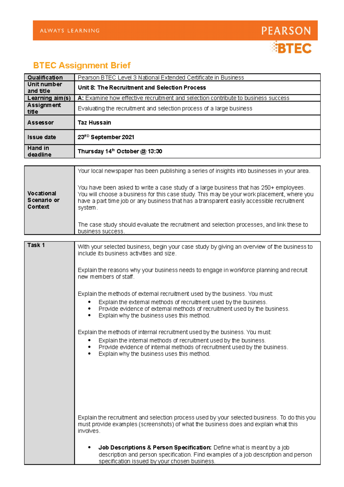 Learning Aim A Assignment Brief. - BTEC Assignment Brief Qualification ...