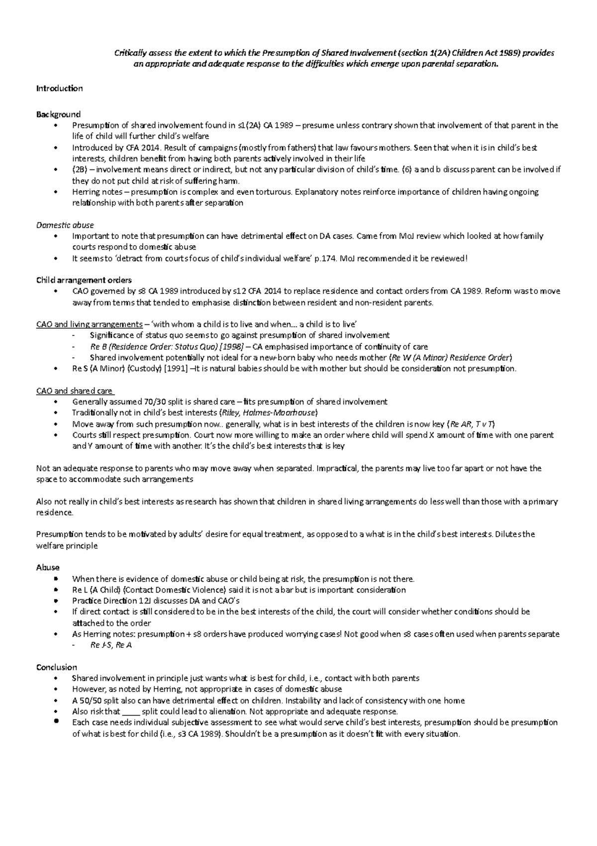 Seminar 5 arrangements for children essay plan - Critically assess the ...