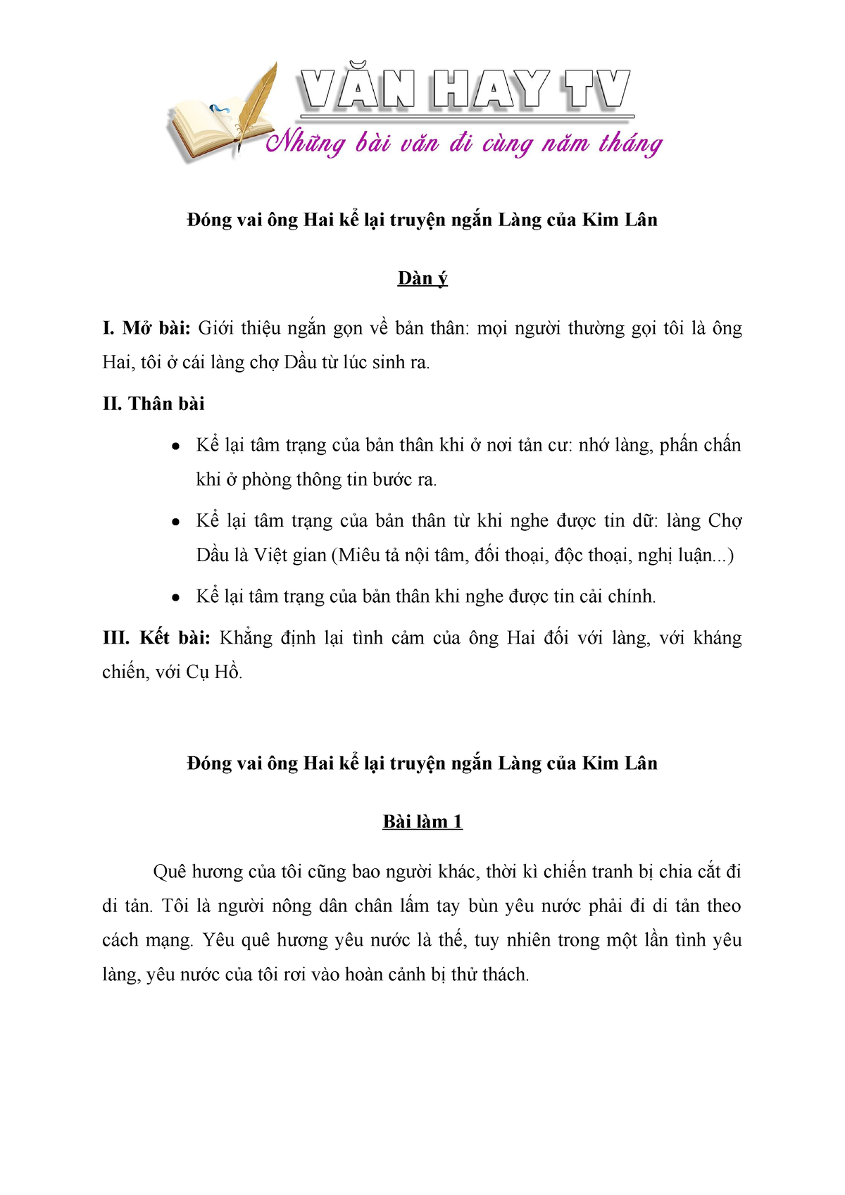 Đóng vai ông Hai kể lại truyện ngắn Làng của Kim Lân (10 mẫu) - Đóng vai ông Hai kể lại truyện ngắn - Studocu