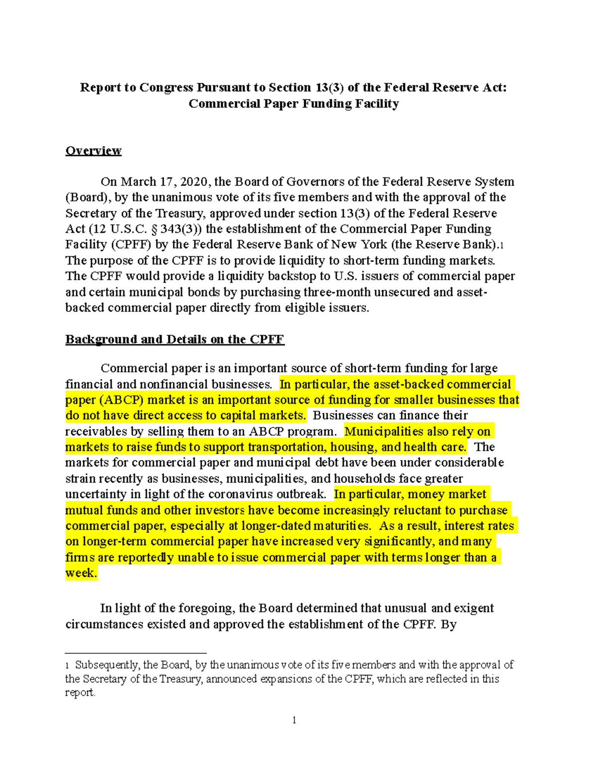Commercial paper funding facility 3 25 20 Report to Congress Pursuant