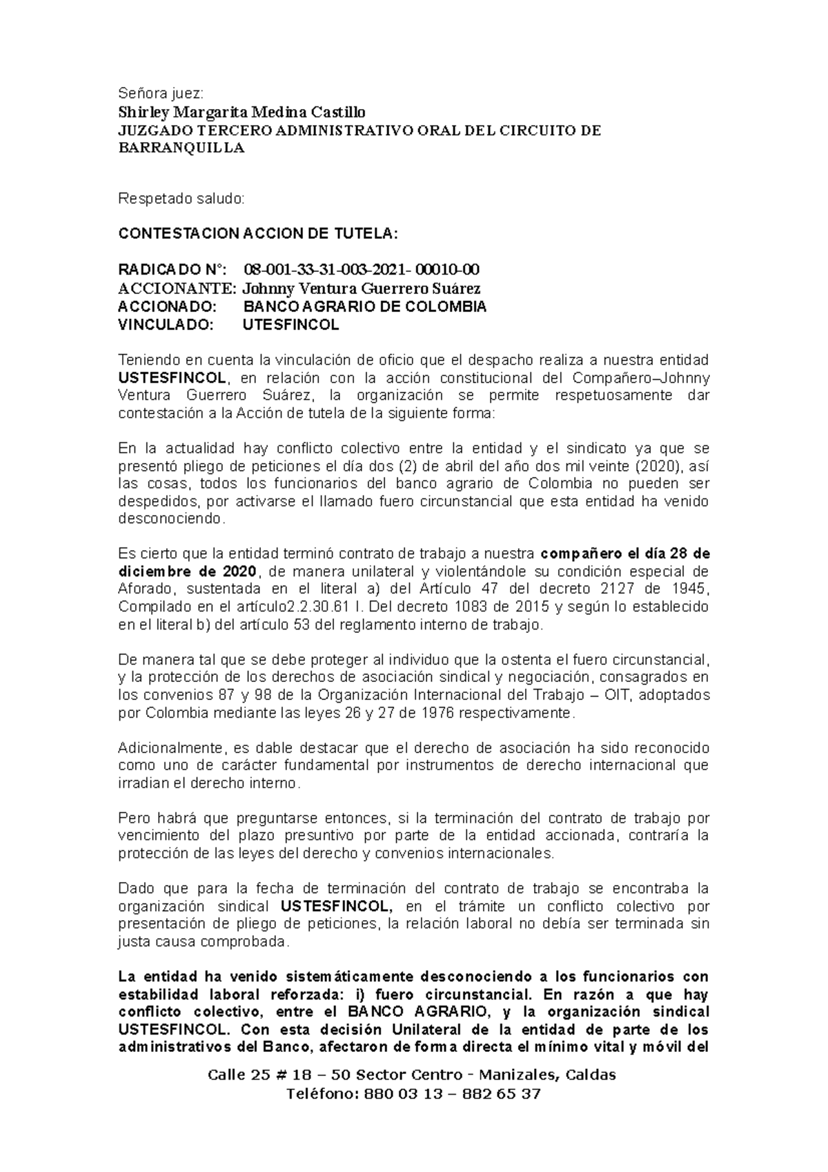 Contestación Tutela Johnny Ventura Guerrero Suárez - Señora juez ...