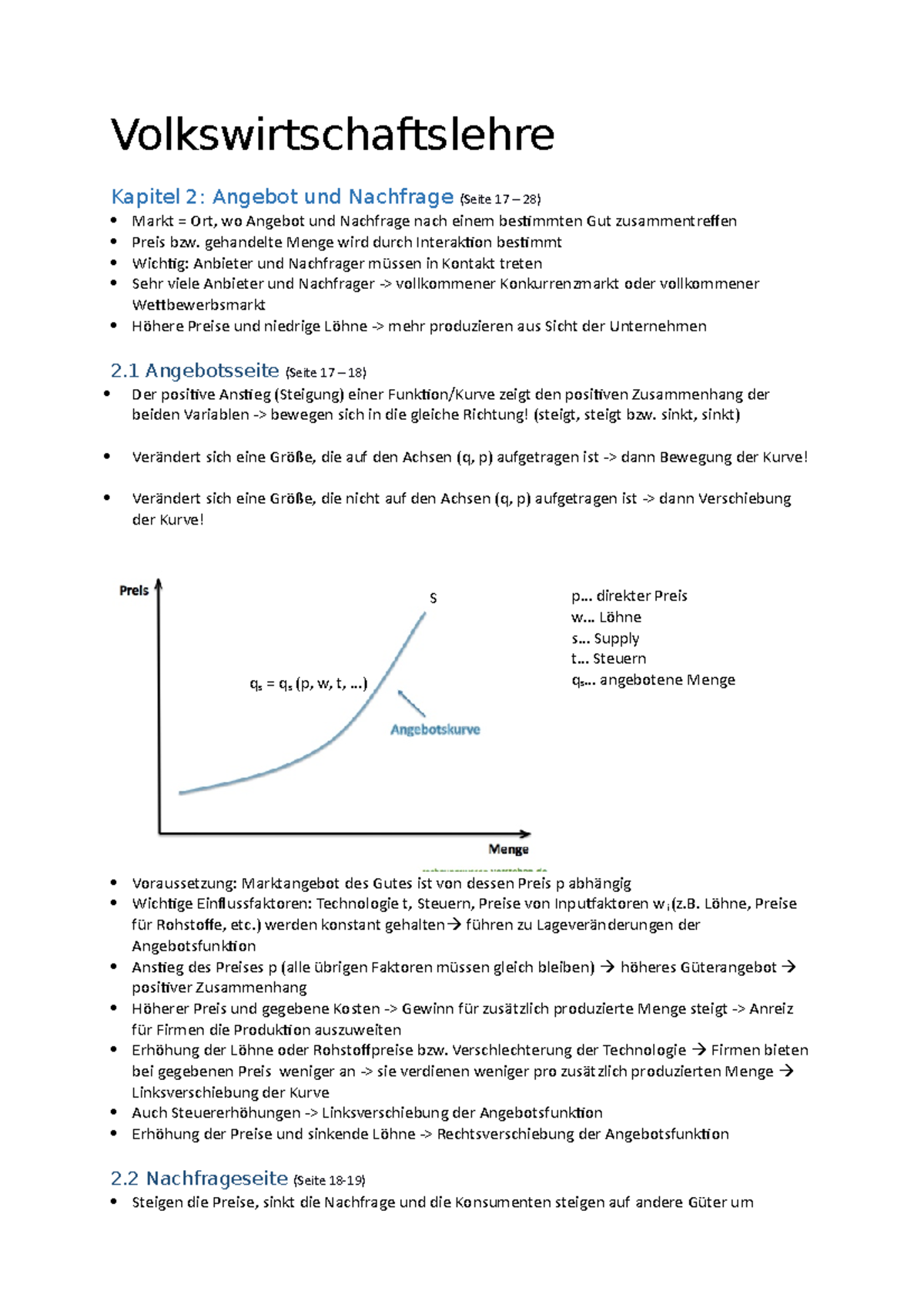 Zusammenfassung Kapitel 1-4 - Volkswirtschaftslehre Kapitel 2: Angebot ...