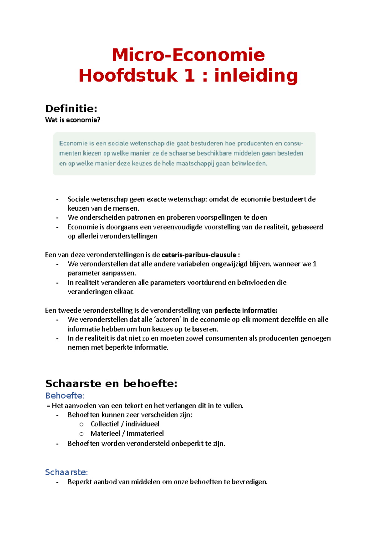 Economie MicroEconomie Hoofdstuk 1 inleiding Definitie Wat is
