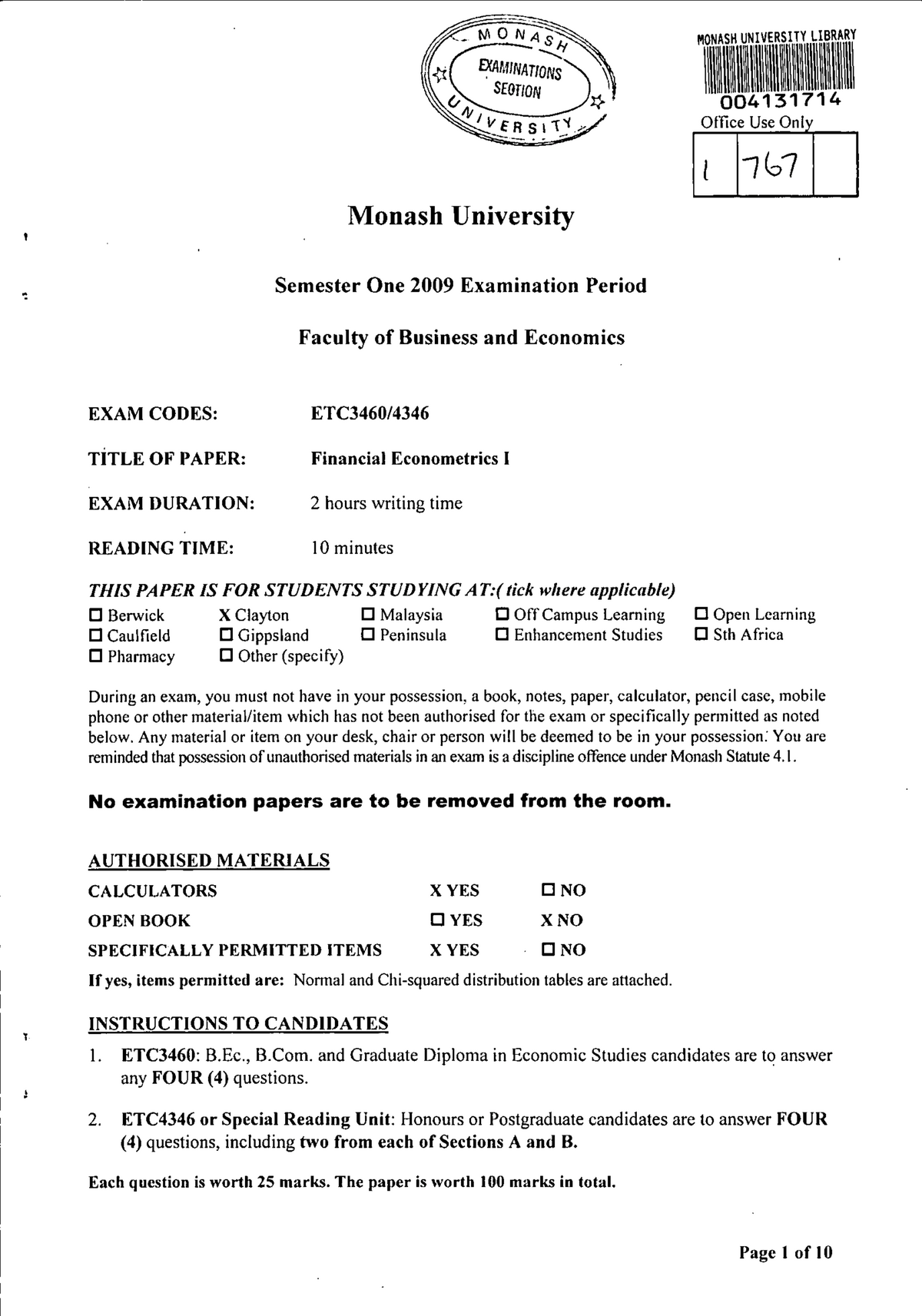 Exam 2009 Etc3460 Financial Econometrics Studocu