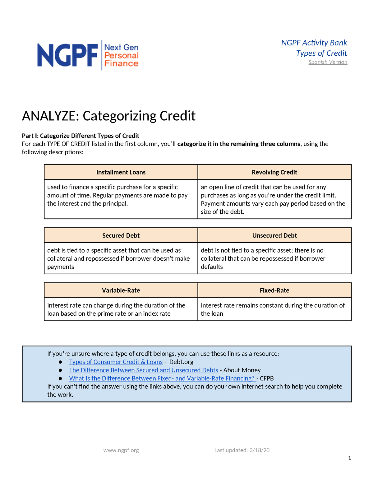 Copy Of Analyze Categorizing Credit Ngpf Activity Bank Types Of Credit Spanish Version Analyze 9741