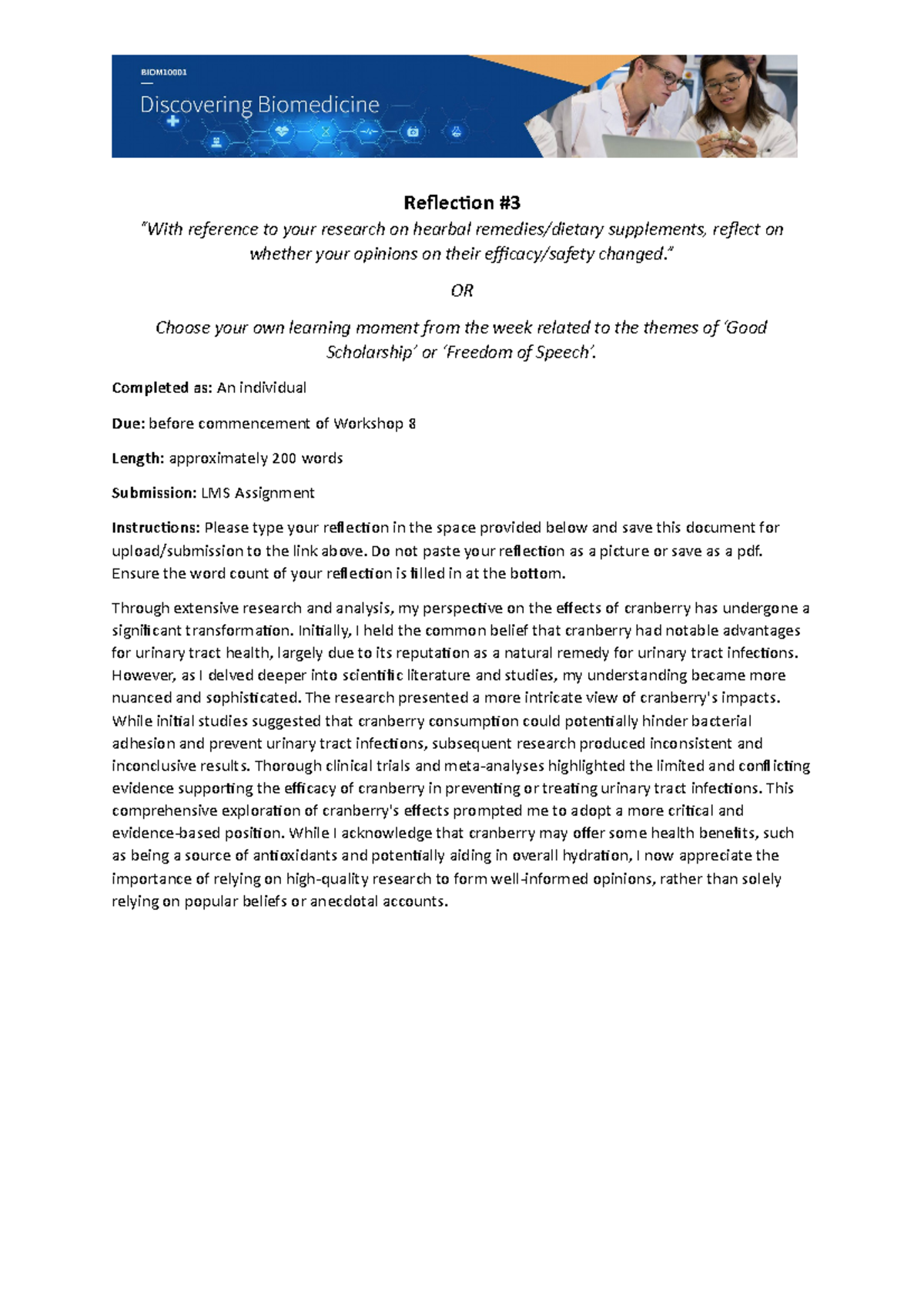 BIOM10001 Written Reflection 3 template - Reflection “With reference to ...