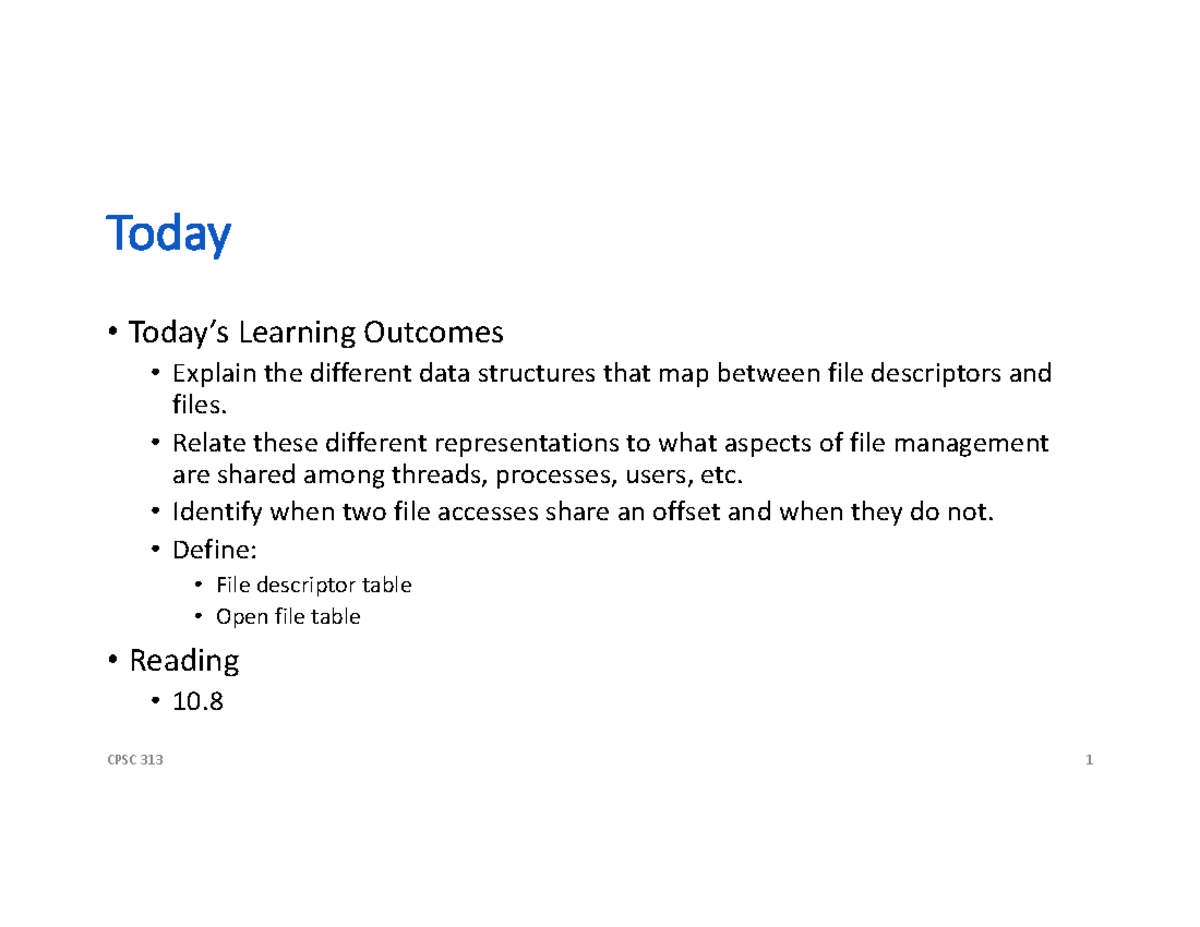 Fs File Descriptors Slides Today " Today9s Learning