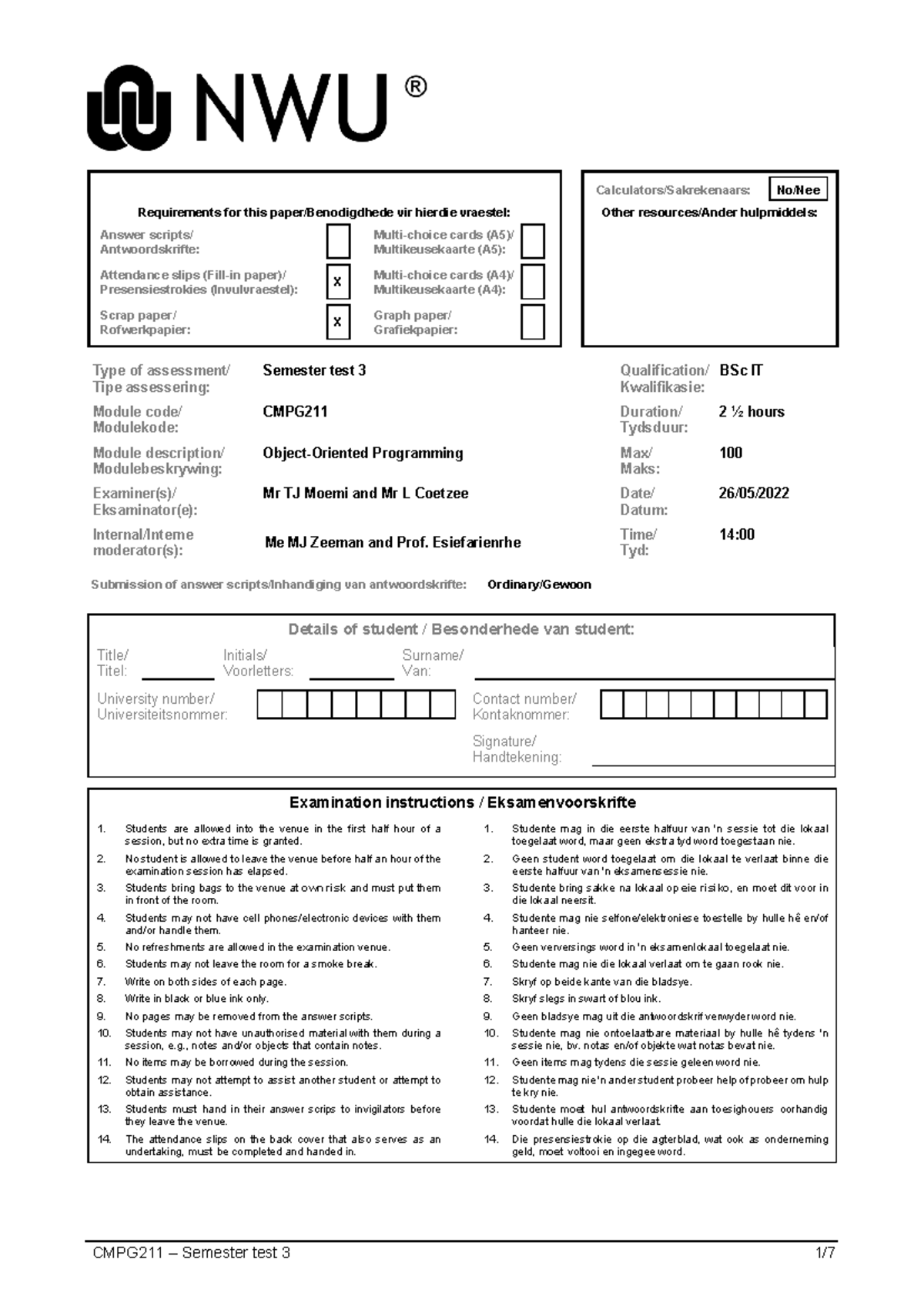 CMPG211 Semester Test 3 Final copy - Calculators/Sakrekenaars: No/Nee ...