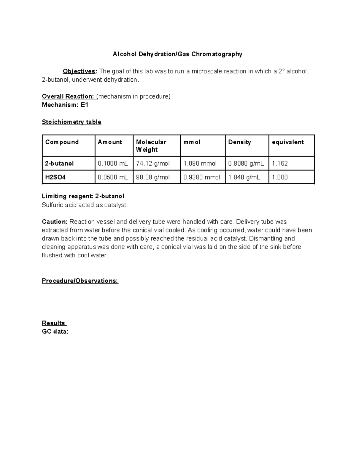 Alcohol Dehydration Lab Alcohol Dehydration/Gas Chromatography