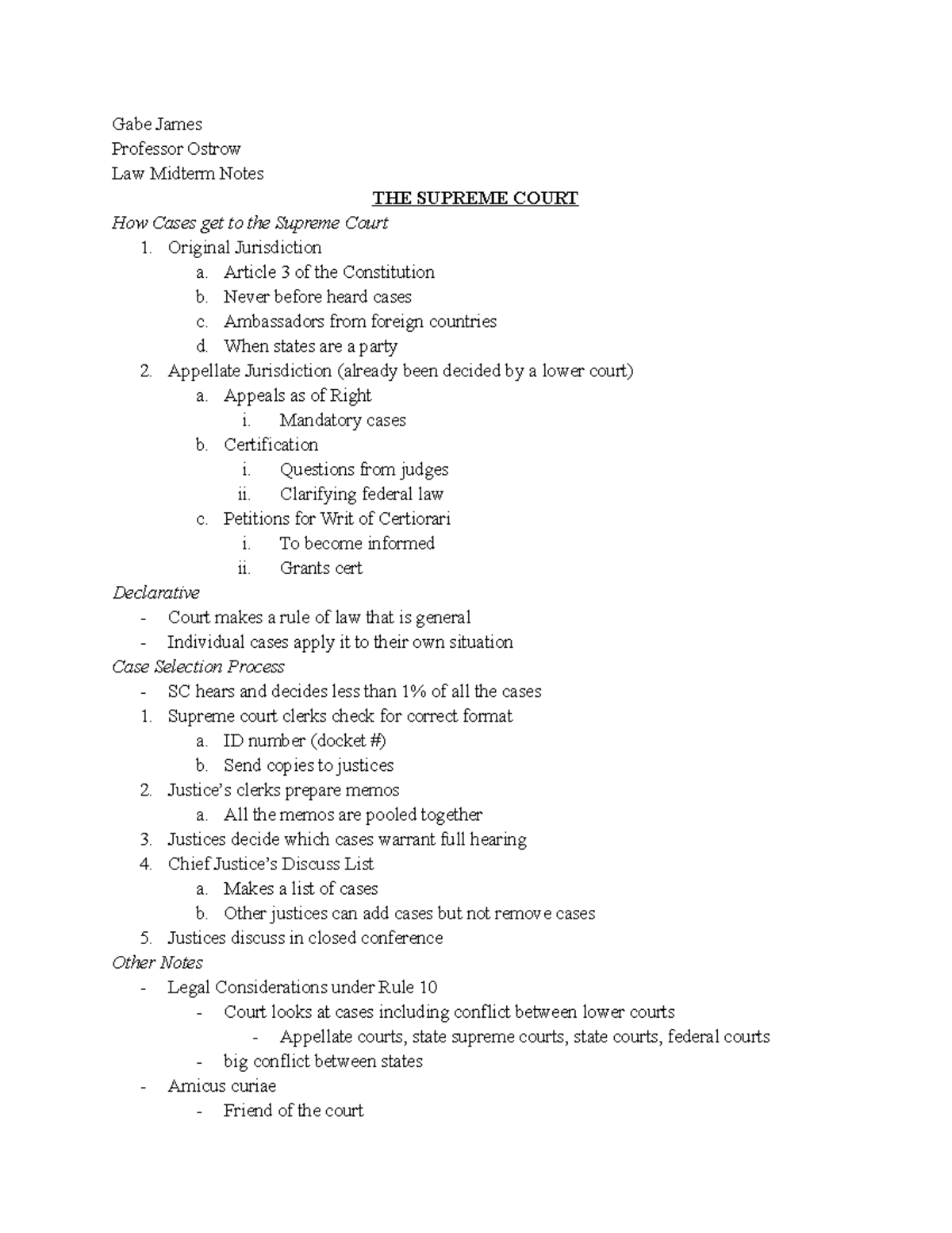 Law midterm one notes - Gabe James Professor Ostrow Law Midterm Notes ...