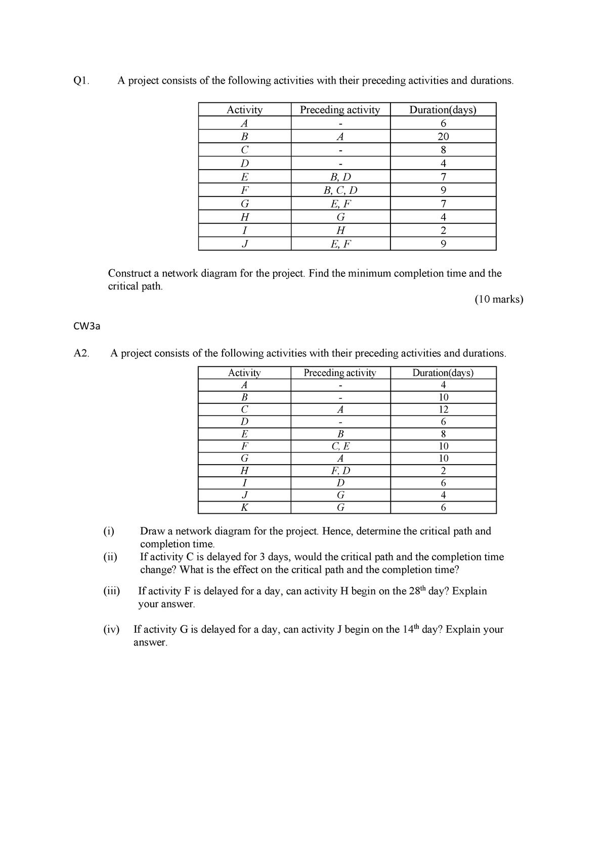 FPMA1024 Rev 2 202001 QUANTITATIVE METHOD Exercises - Q1. A project ...