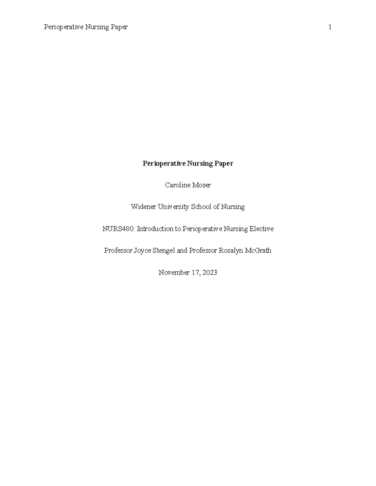 Perioperative Nursing Paper - Perioperative Nursing Paper Caroline ...