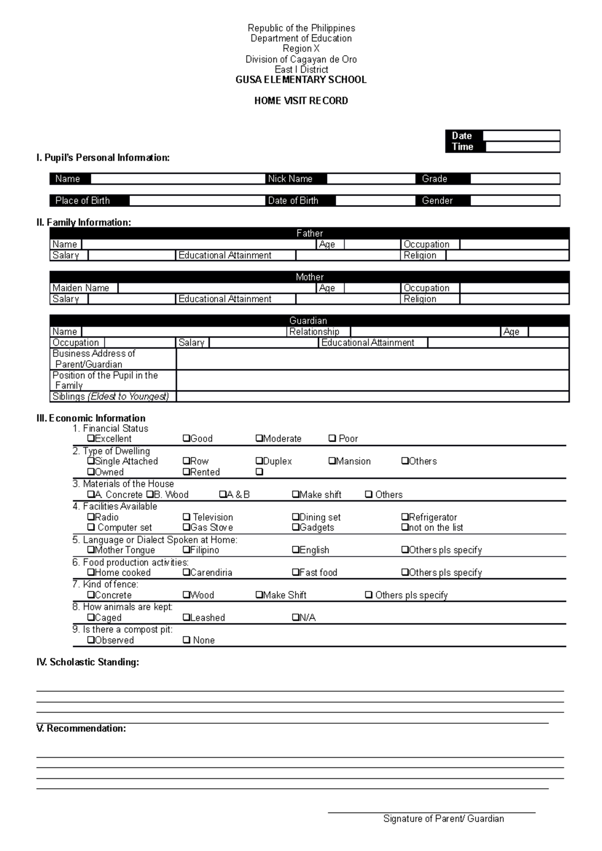 Home Visit Record - References - Republic Of The Philippines Department 