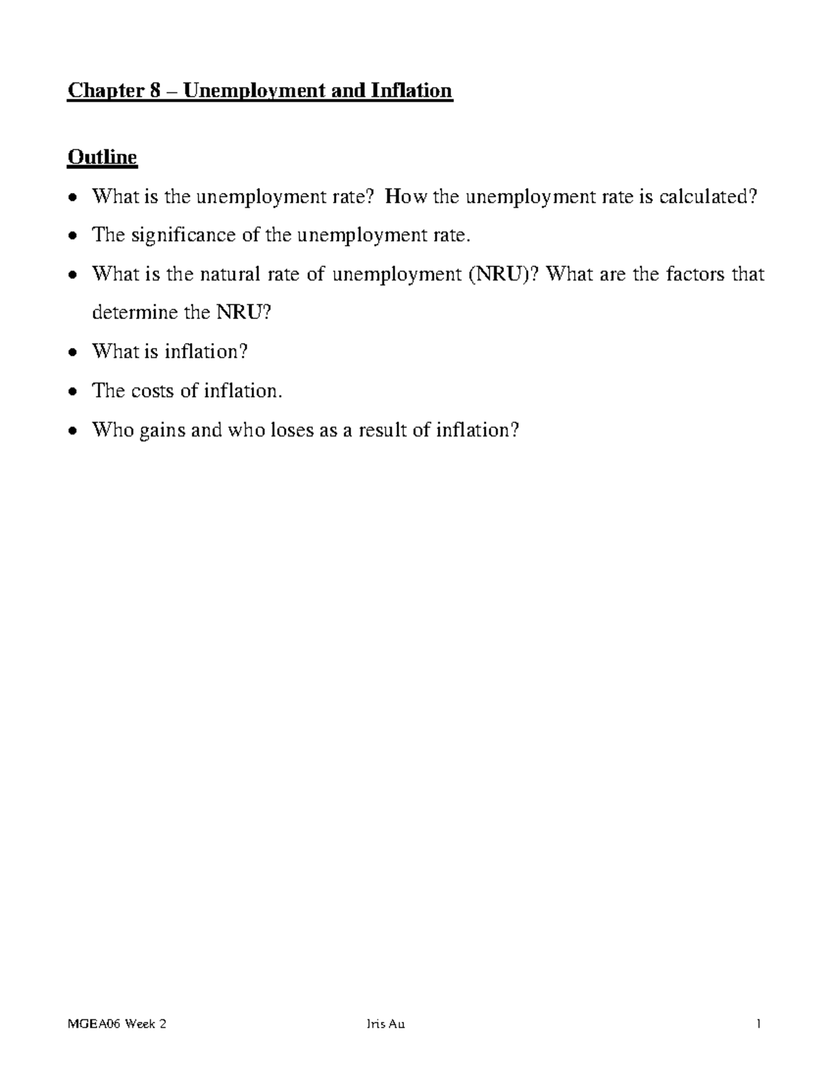MGEA06H3 Week 2 - Unemployment & Inflation - Warning: TT: undefined ...
