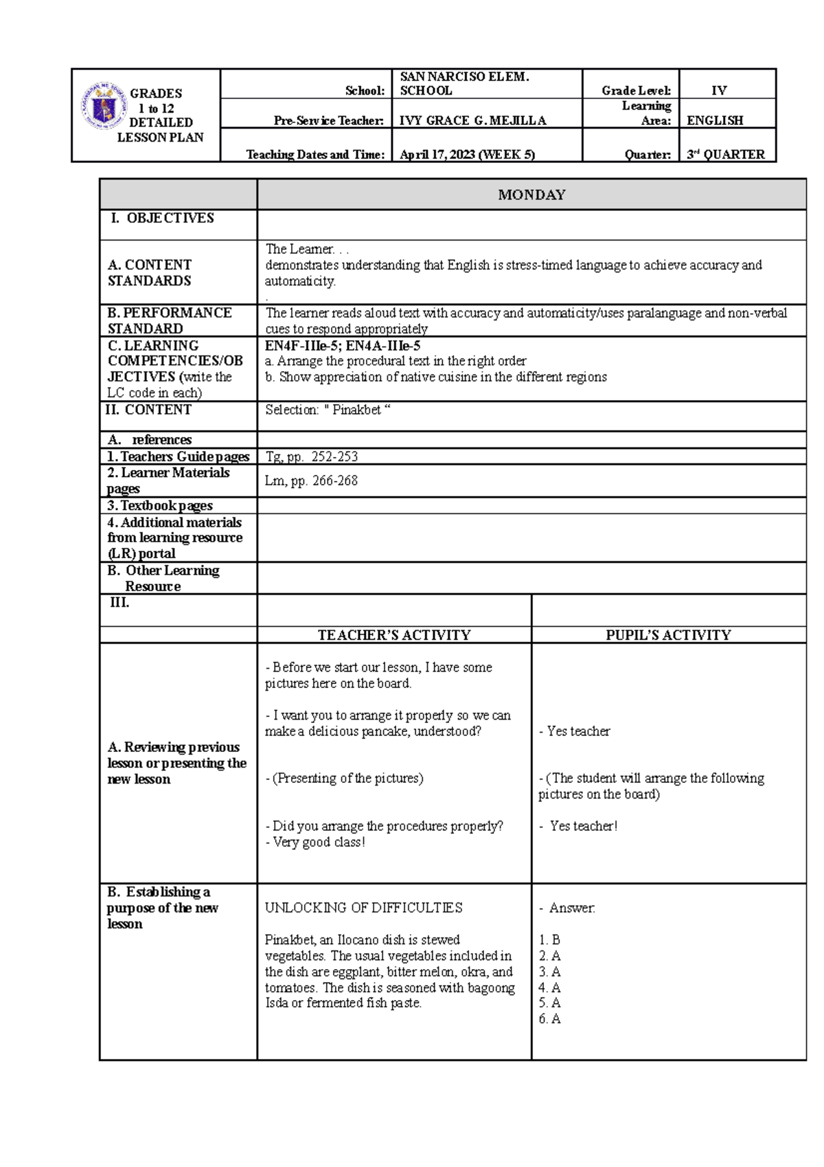 English-1ST-WEEK1 - english - GRADES 1 to 12 DETAILED LESSON PLAN ...