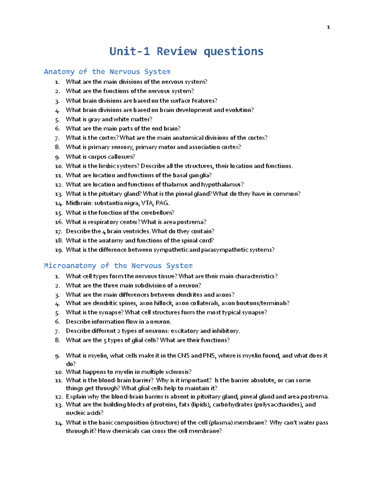 Review Questions D B Unit-1 - 1 Unit-1 Review Questions Anatomy Of The ...