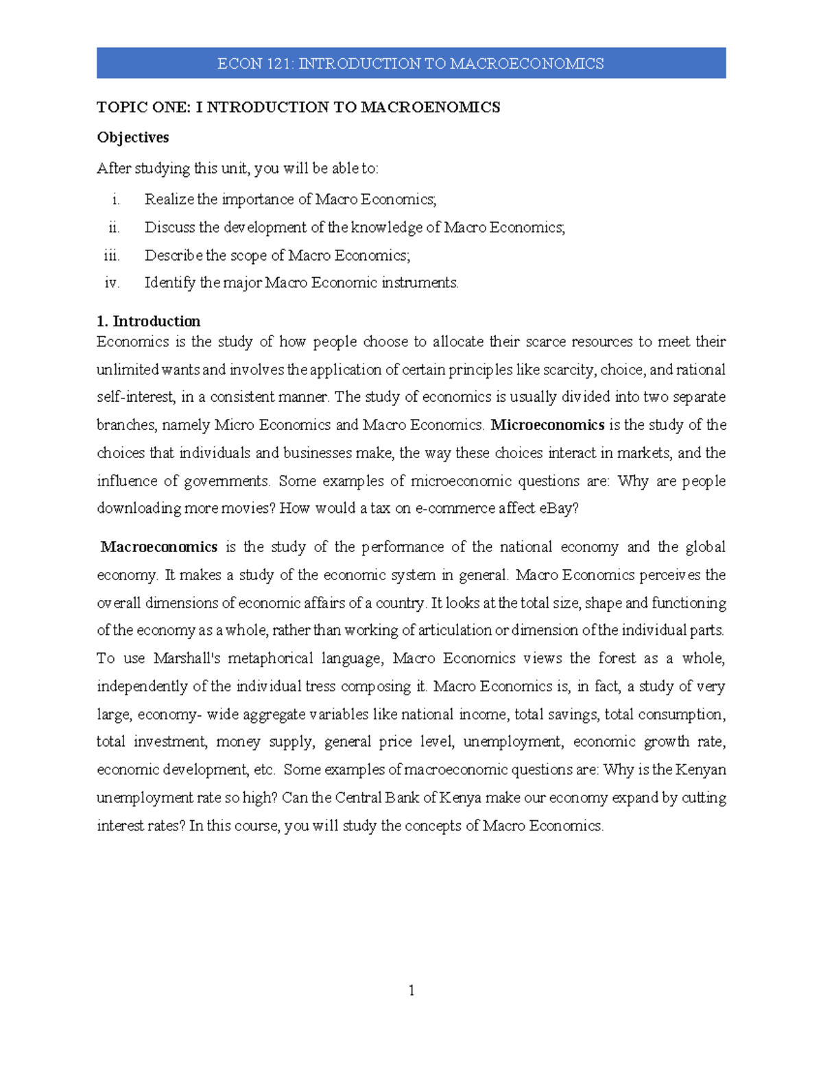 Topic 1 Introduction - TOPIC ONE: I NTRODUCTION TO MACROENOMICS ...