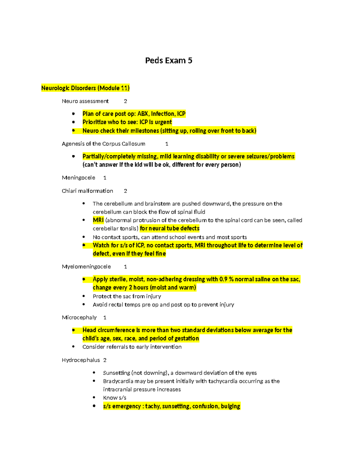 PEDS Exam5 - Notes - Peds Exam 5 😊 Neurologic Disorders (Module 11 ...