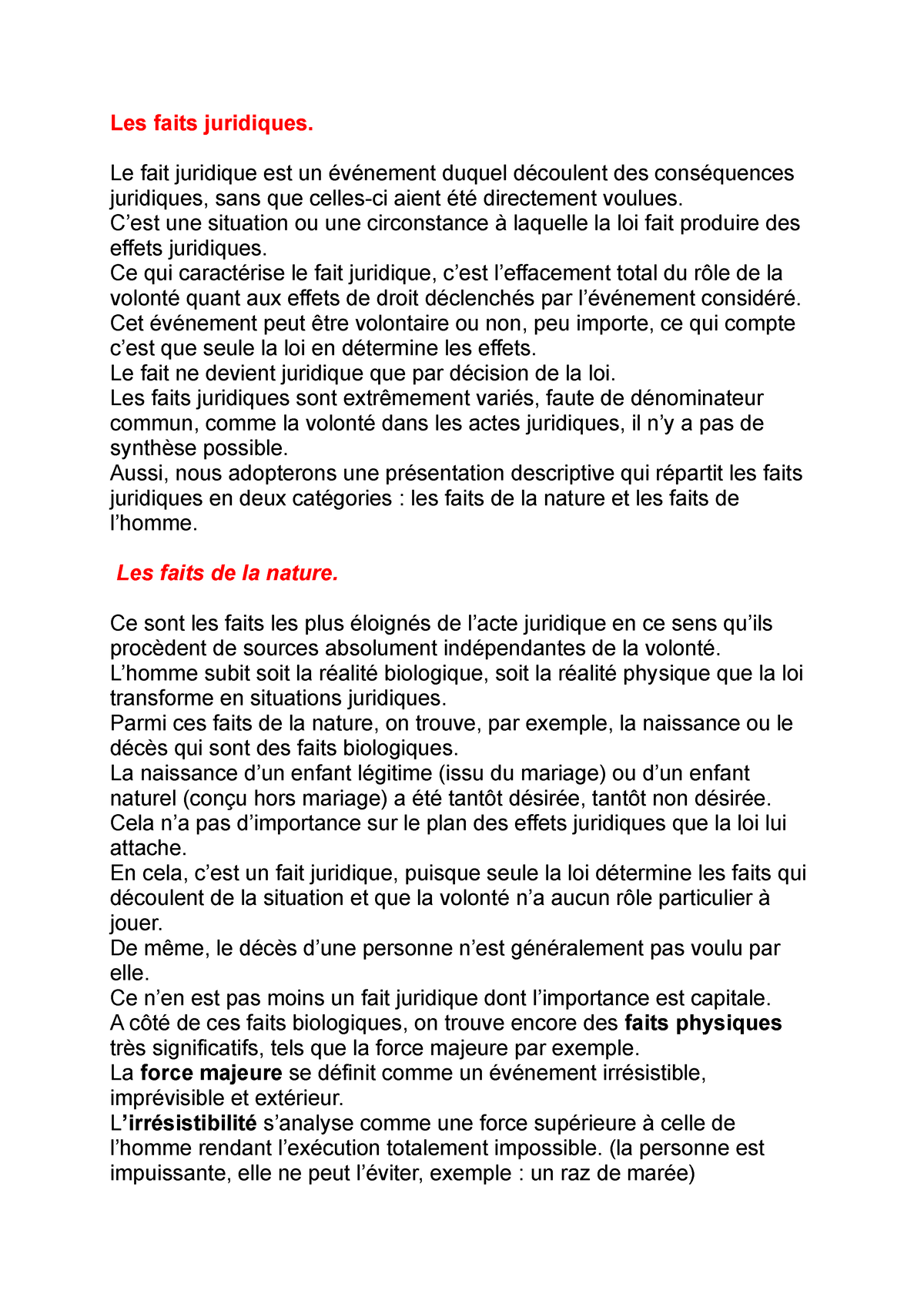 Les Faits Juridiques - Notes De Cours Droit Privé 2022/2023 - Les Faits ...