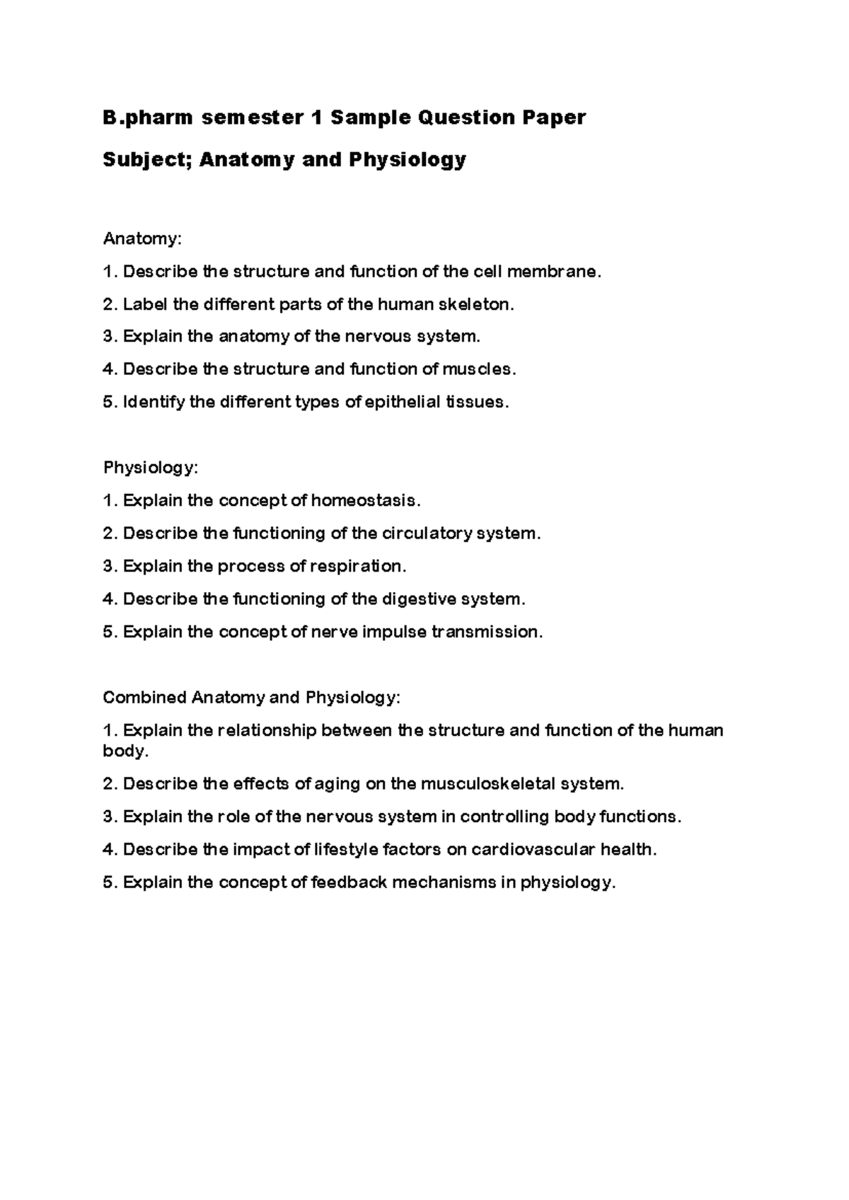 B. Pharm Semester 1 Sample Question Paper Anatomy AND Physiology - B ...