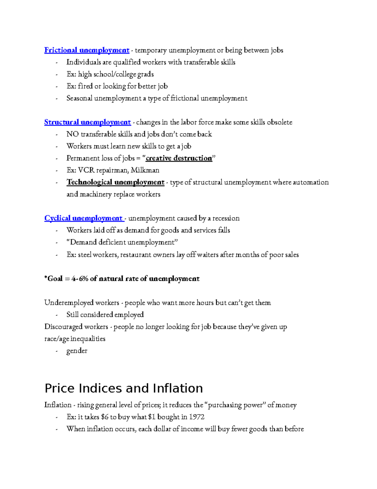 Economics Notes on Unemployment and Inflation - Studocu