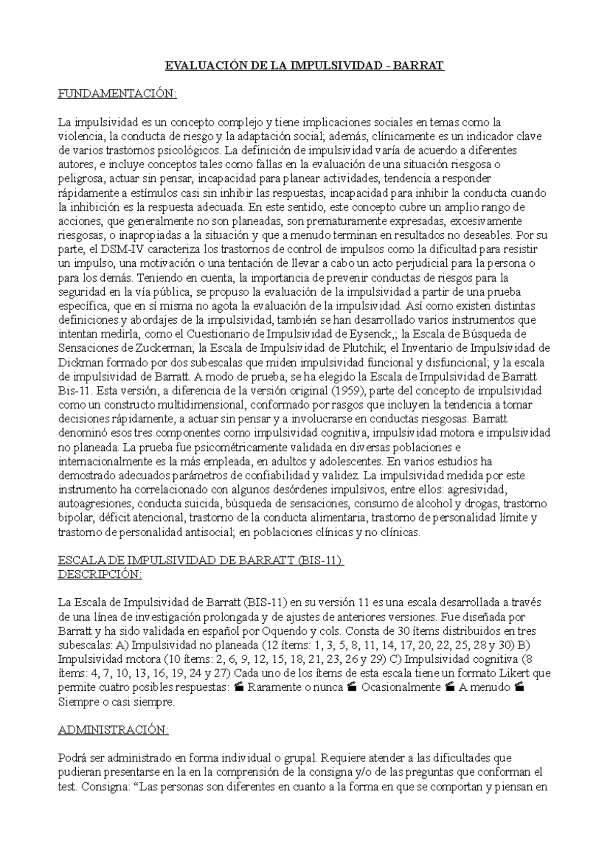 Escala de Impulsividad de Barrat - EVALUACIÓN DE LA IMPULSIVIDAD ...