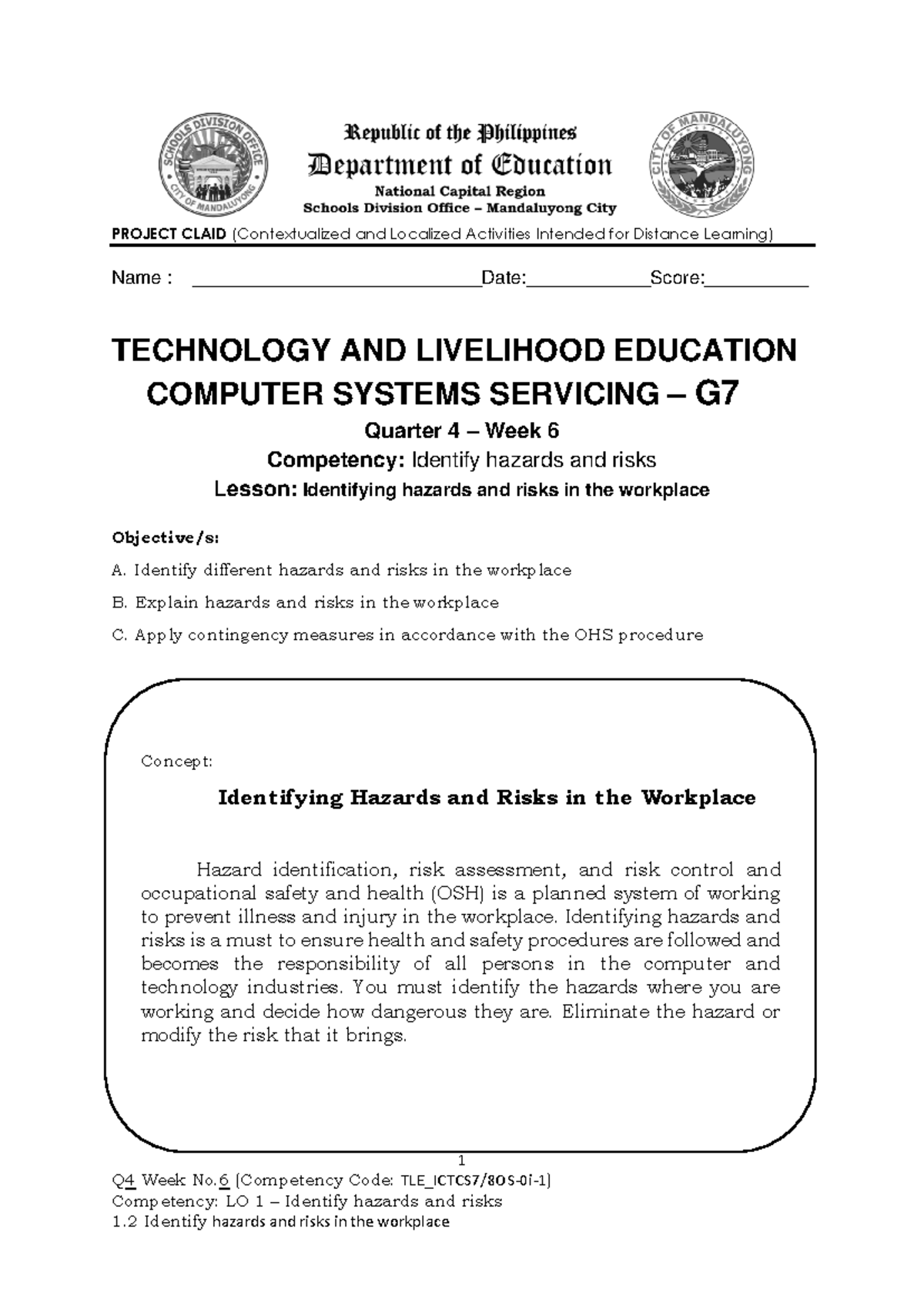 TLE-CSS-7-Q4-AS-Week-6 - 1 Q 4 Week No. 6 (Competency Code: TLE_ICTCS7 ...