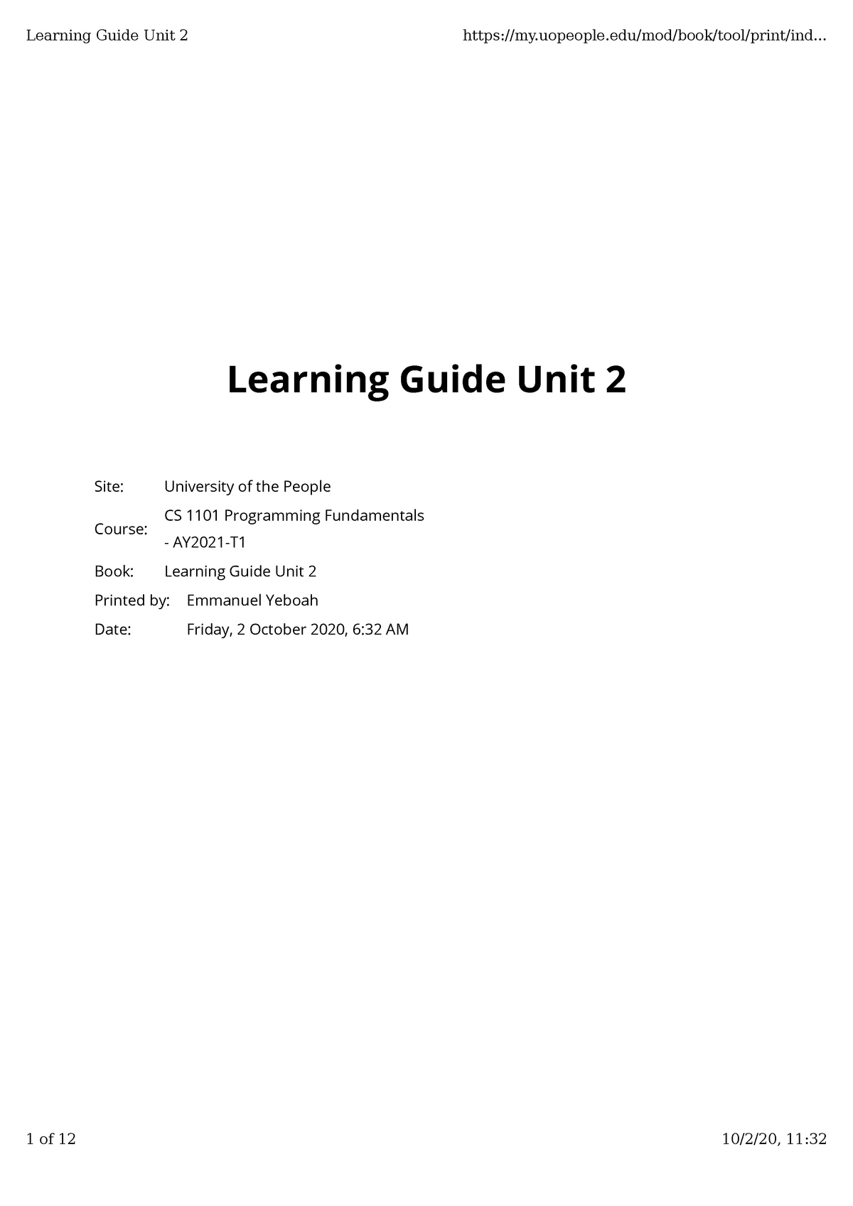 Unit 2 Cs1101 Programing Fundamental - CS 1101 - UoPeople - Studocu