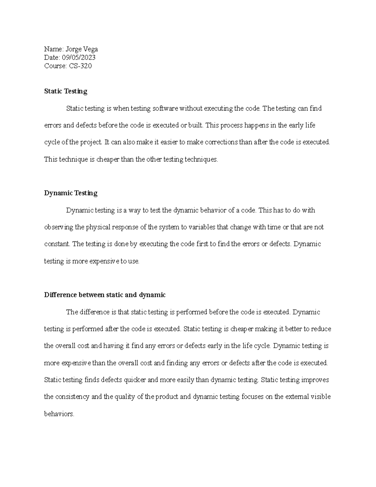 2-2 Journal- Dynamic and Static Testing - Name: Jorge Vega Date: 09/05 ...